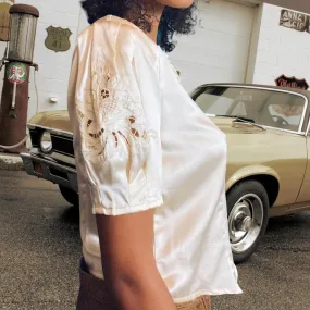 1960s Peony Hand Embroidered Silk Blouse Size Small