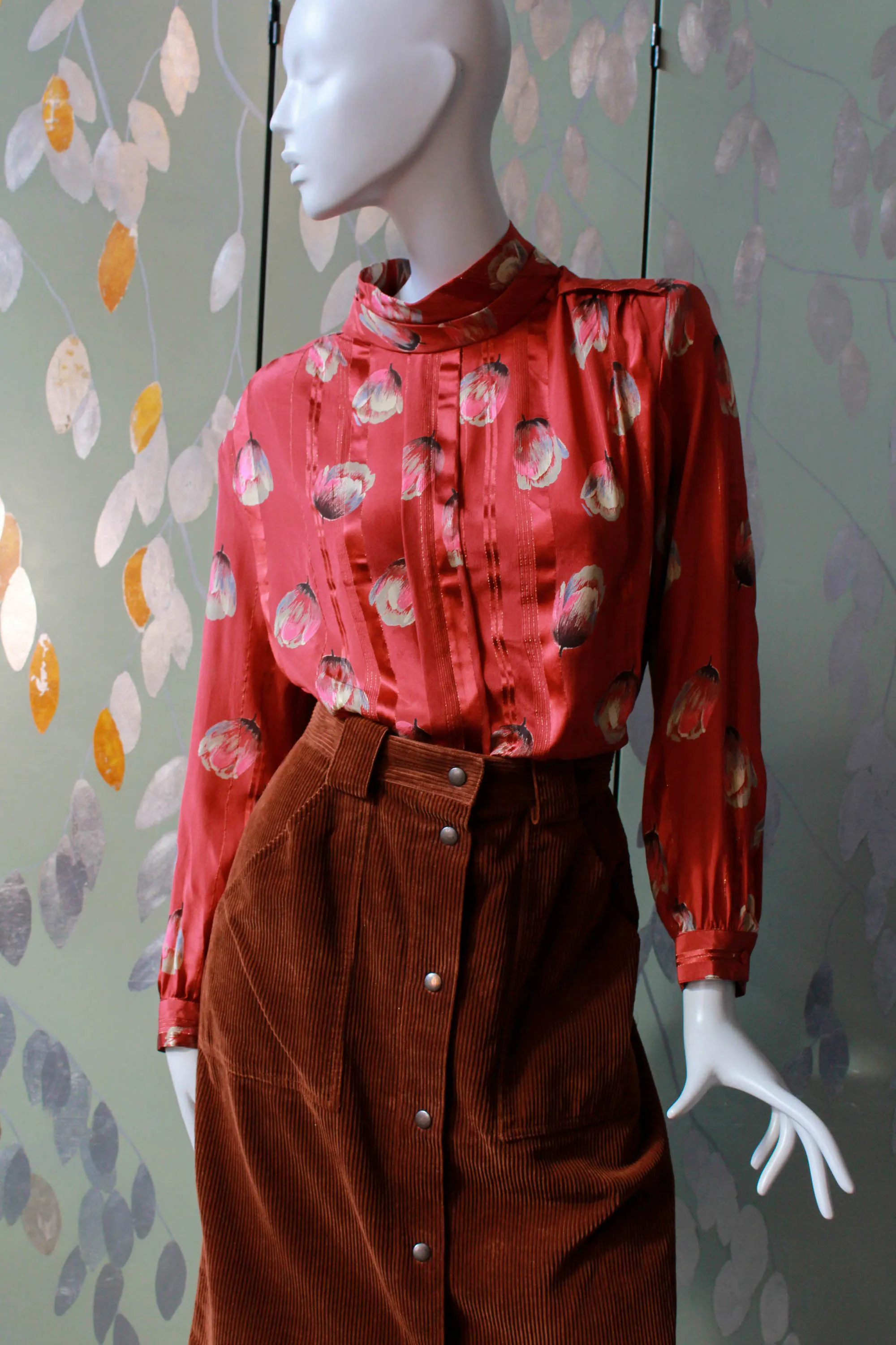 1980s Tulip Print Red Silk Blouse, Large
