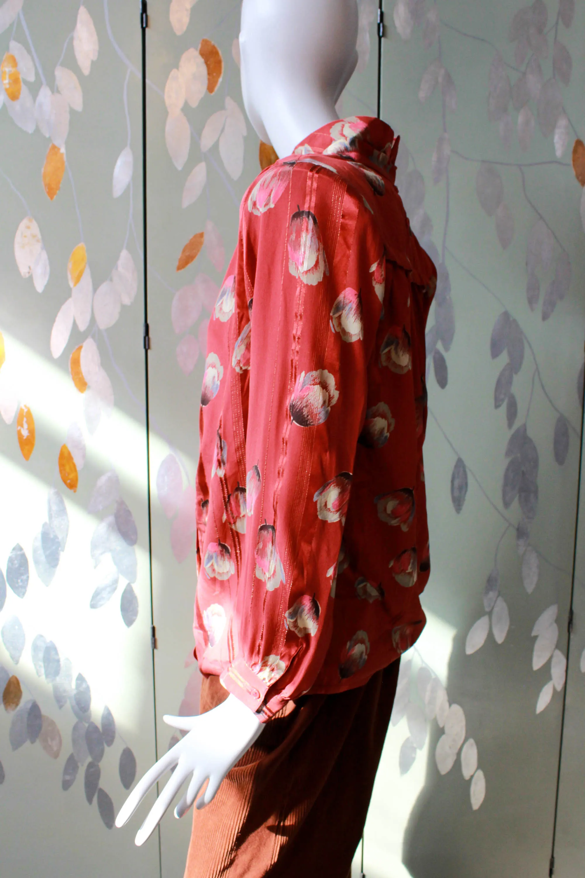 1980s Tulip Print Red Silk Blouse, Large