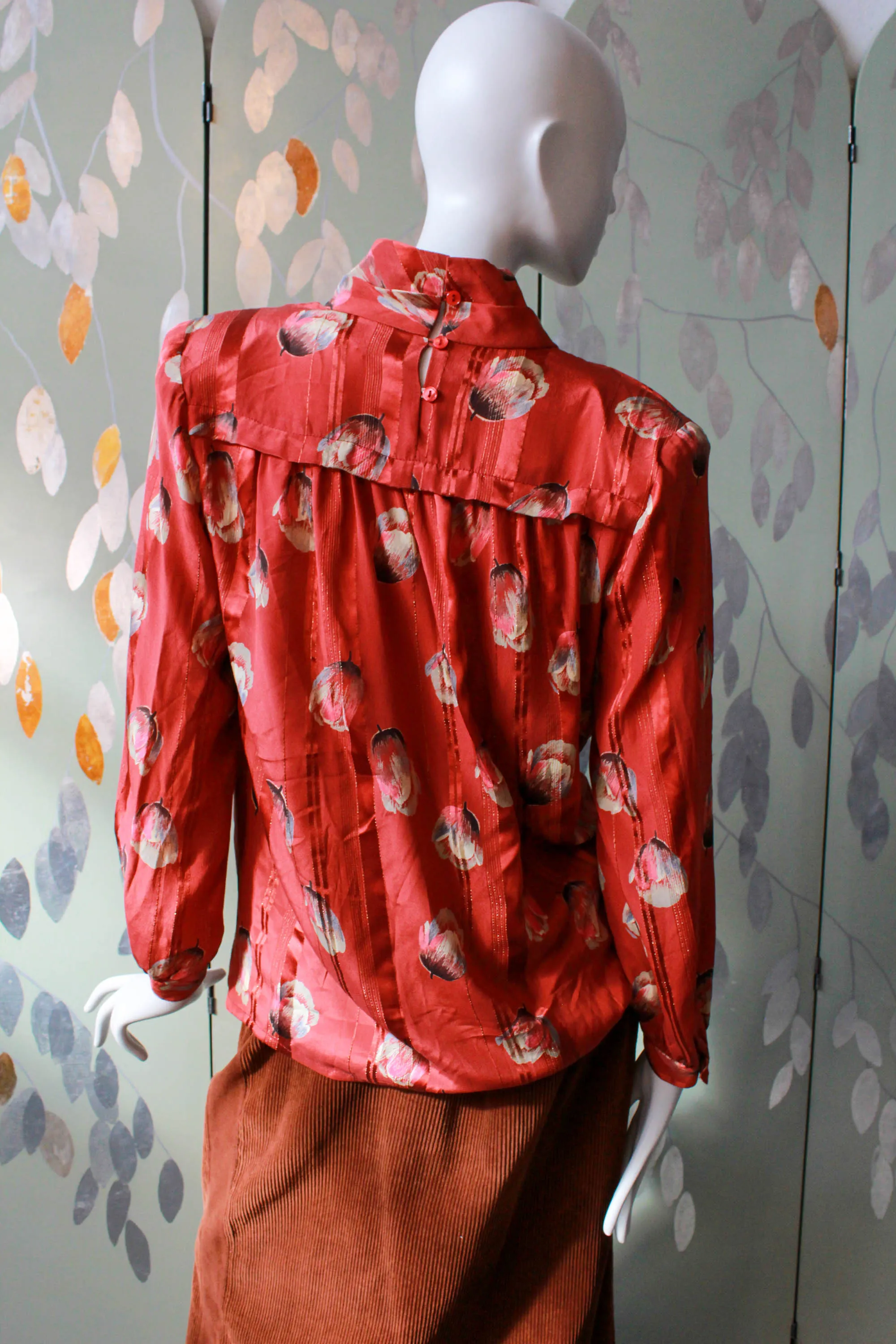 1980s Tulip Print Red Silk Blouse, Large