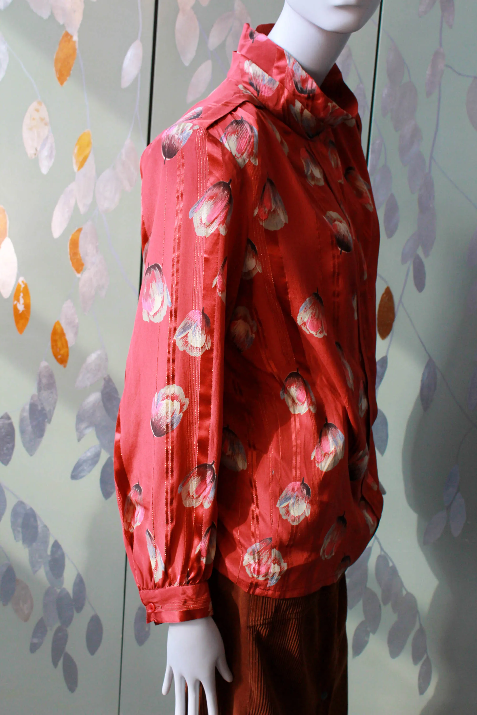 1980s Tulip Print Red Silk Blouse, Large