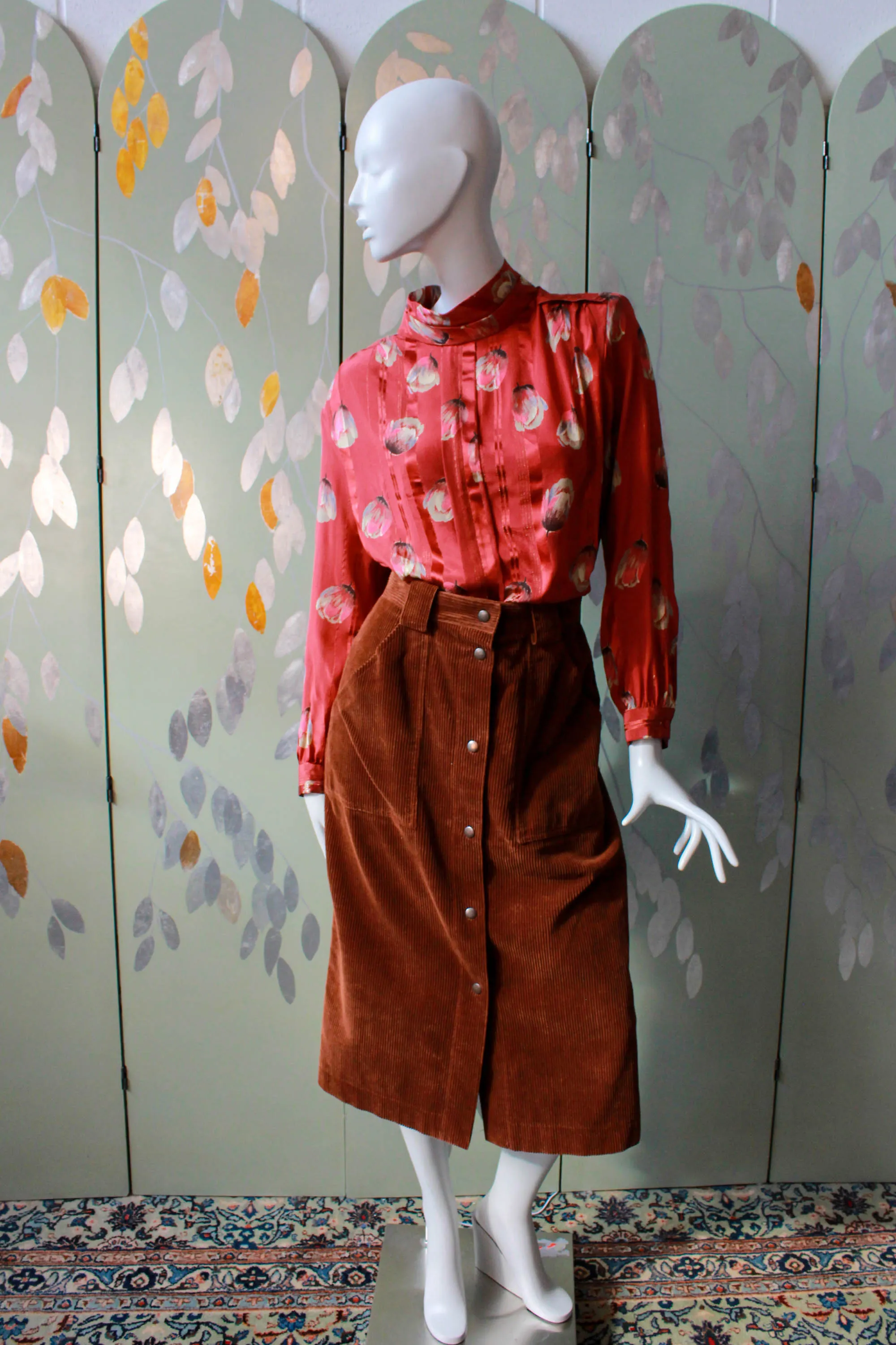 1980s Tulip Print Red Silk Blouse, Large