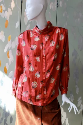1980s Tulip Print Red Silk Blouse, Large