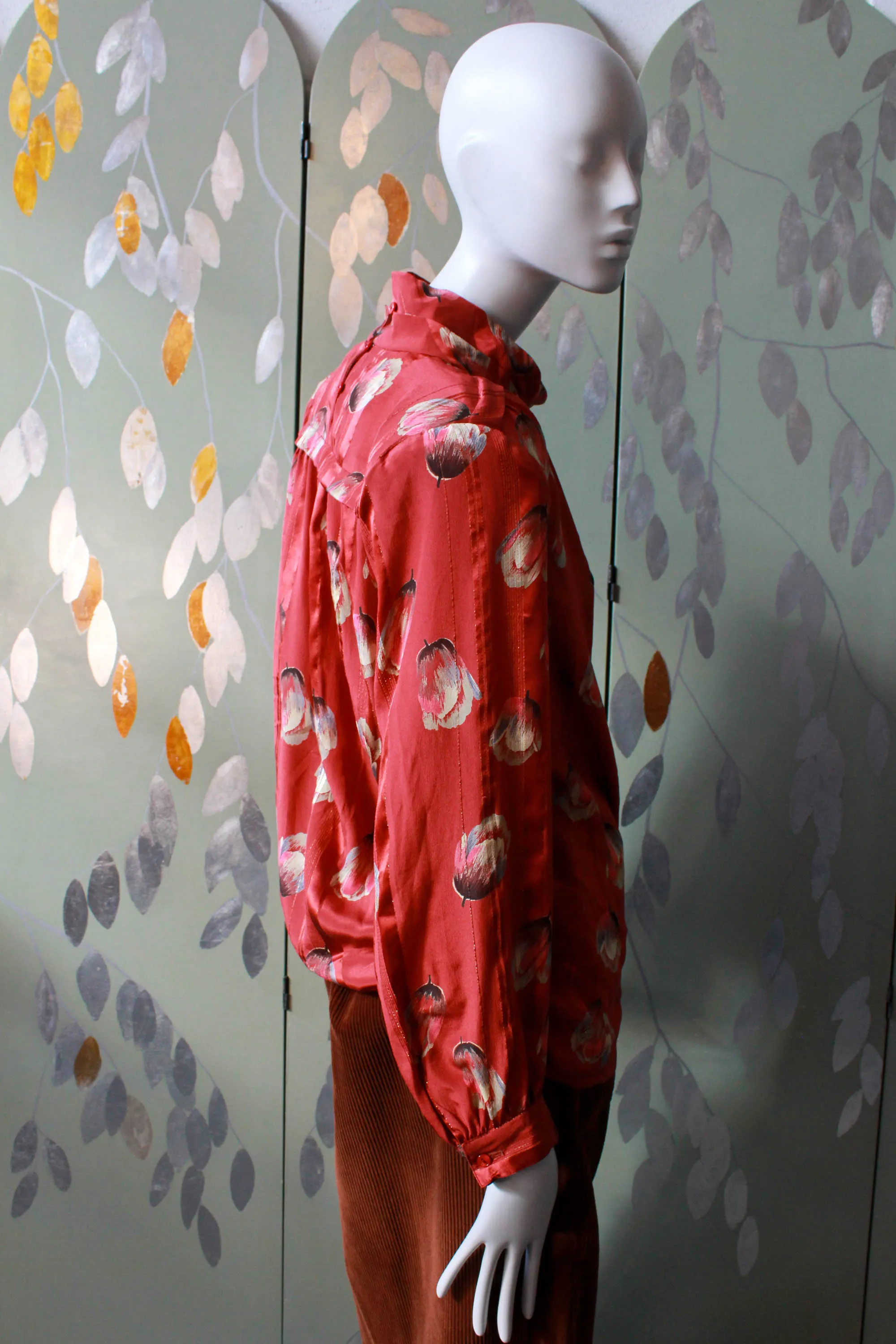 1980s Tulip Print Red Silk Blouse, Large