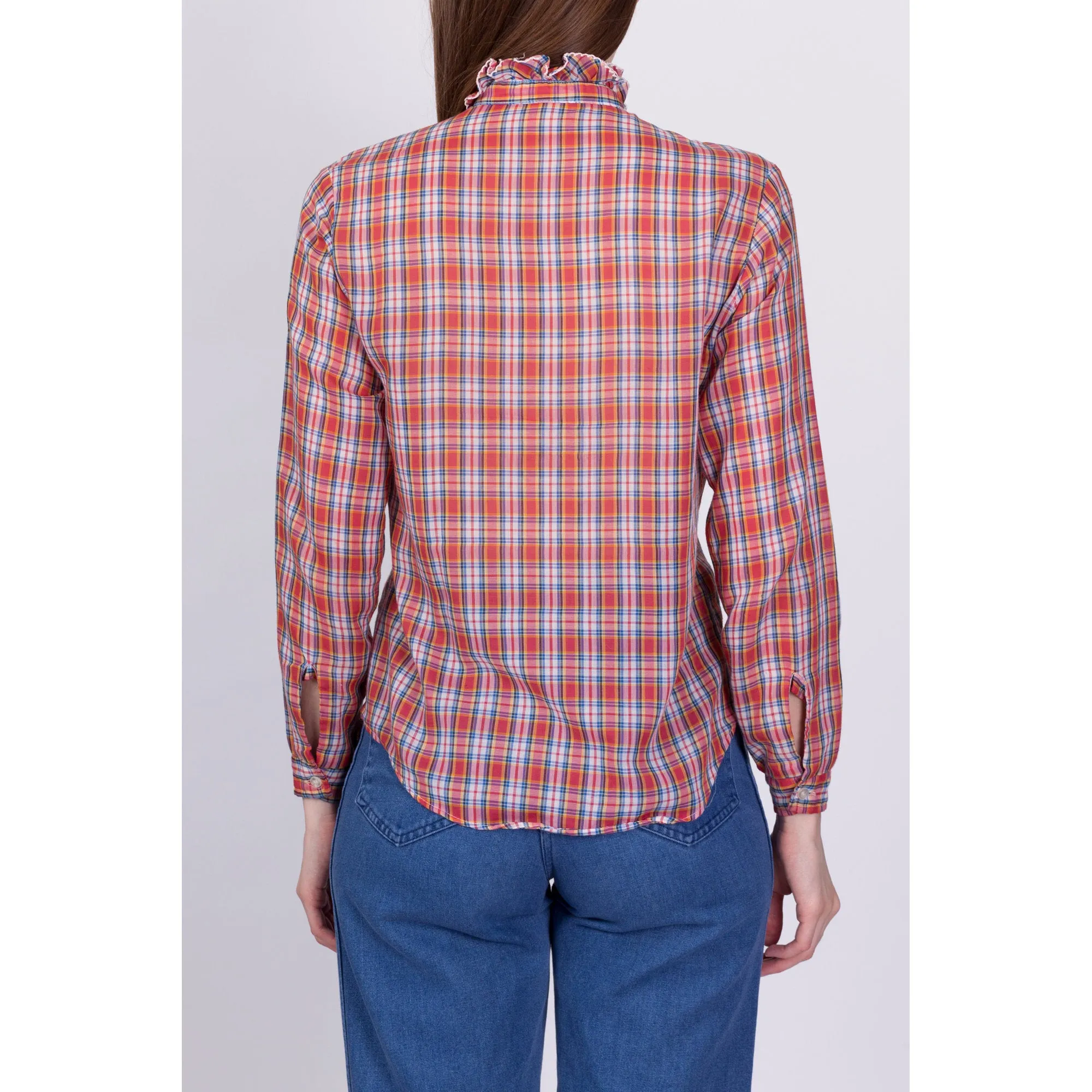 70s Red Plaid Ruffle Trim Blouse - Small