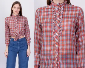 70s Red Plaid Ruffle Trim Blouse - Small