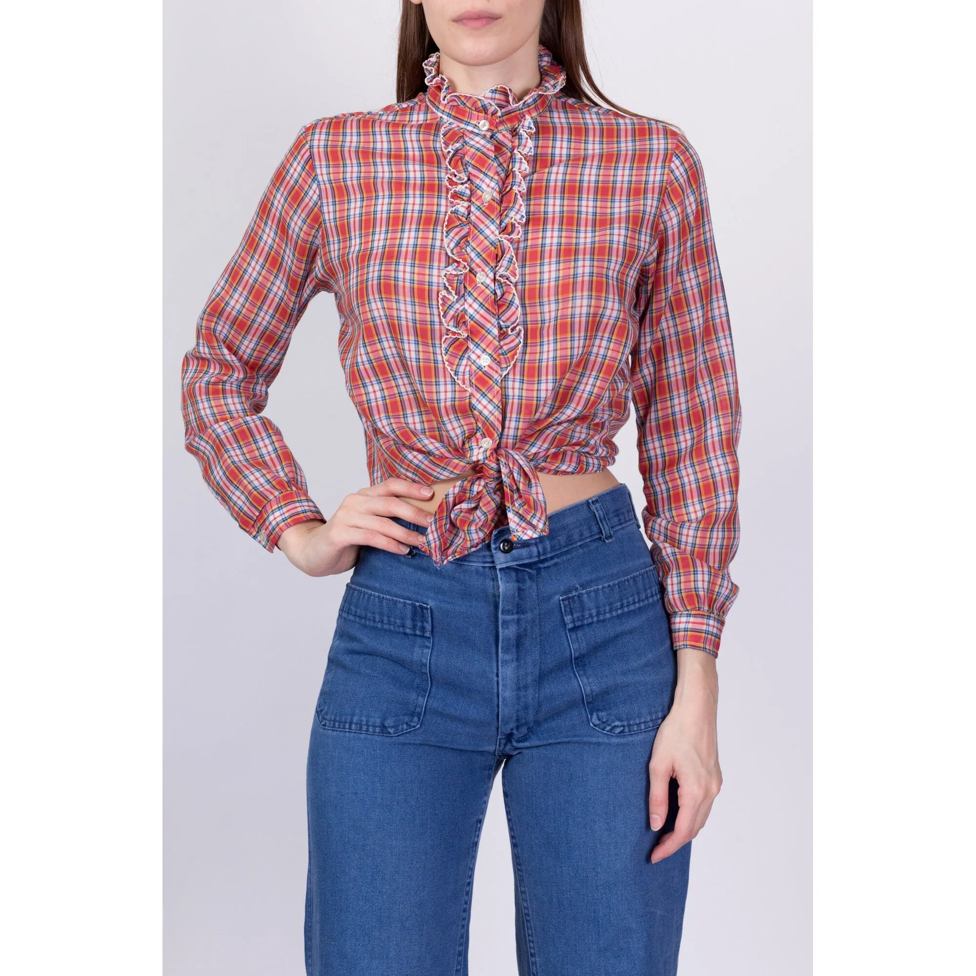70s Red Plaid Ruffle Trim Blouse - Small