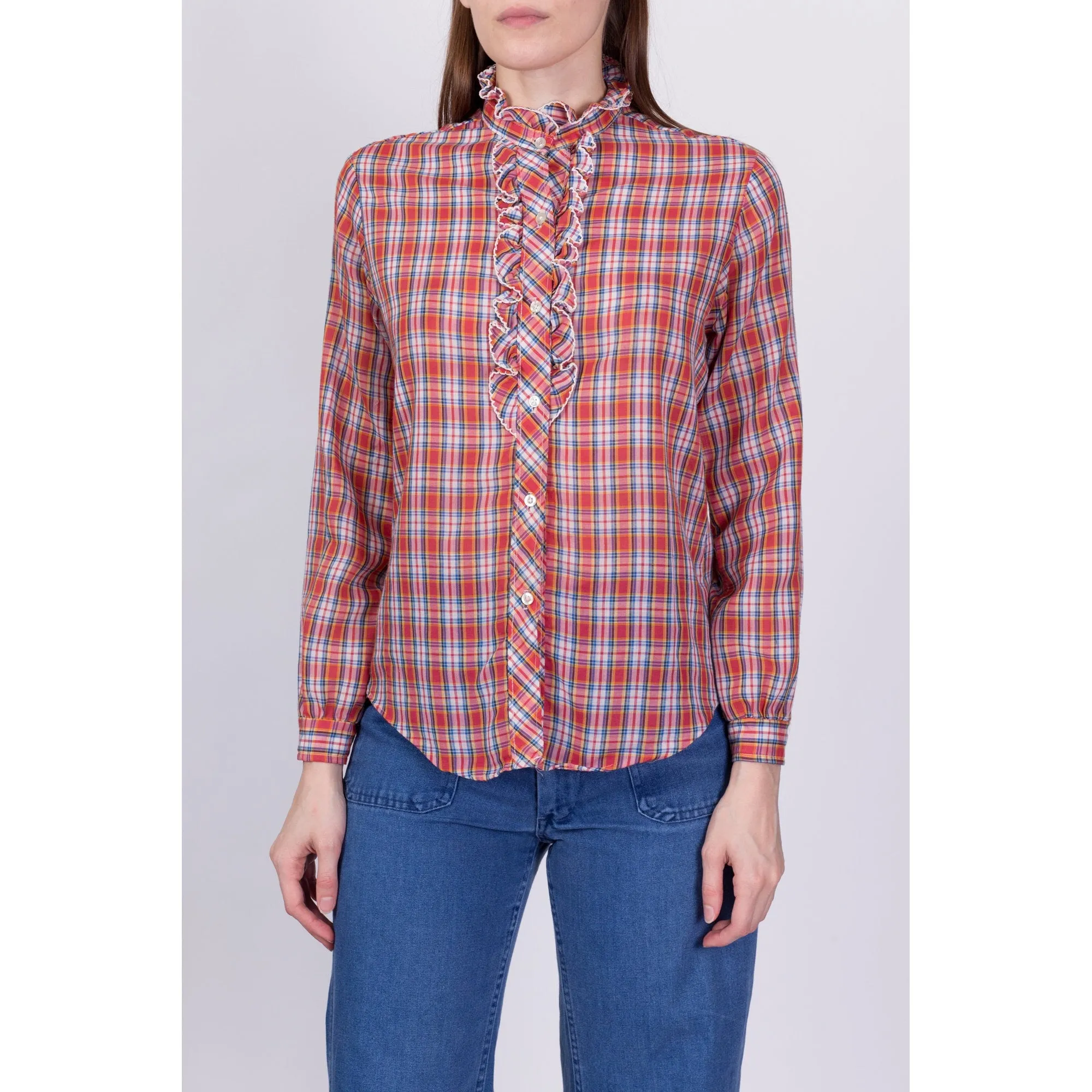 70s Red Plaid Ruffle Trim Blouse - Small
