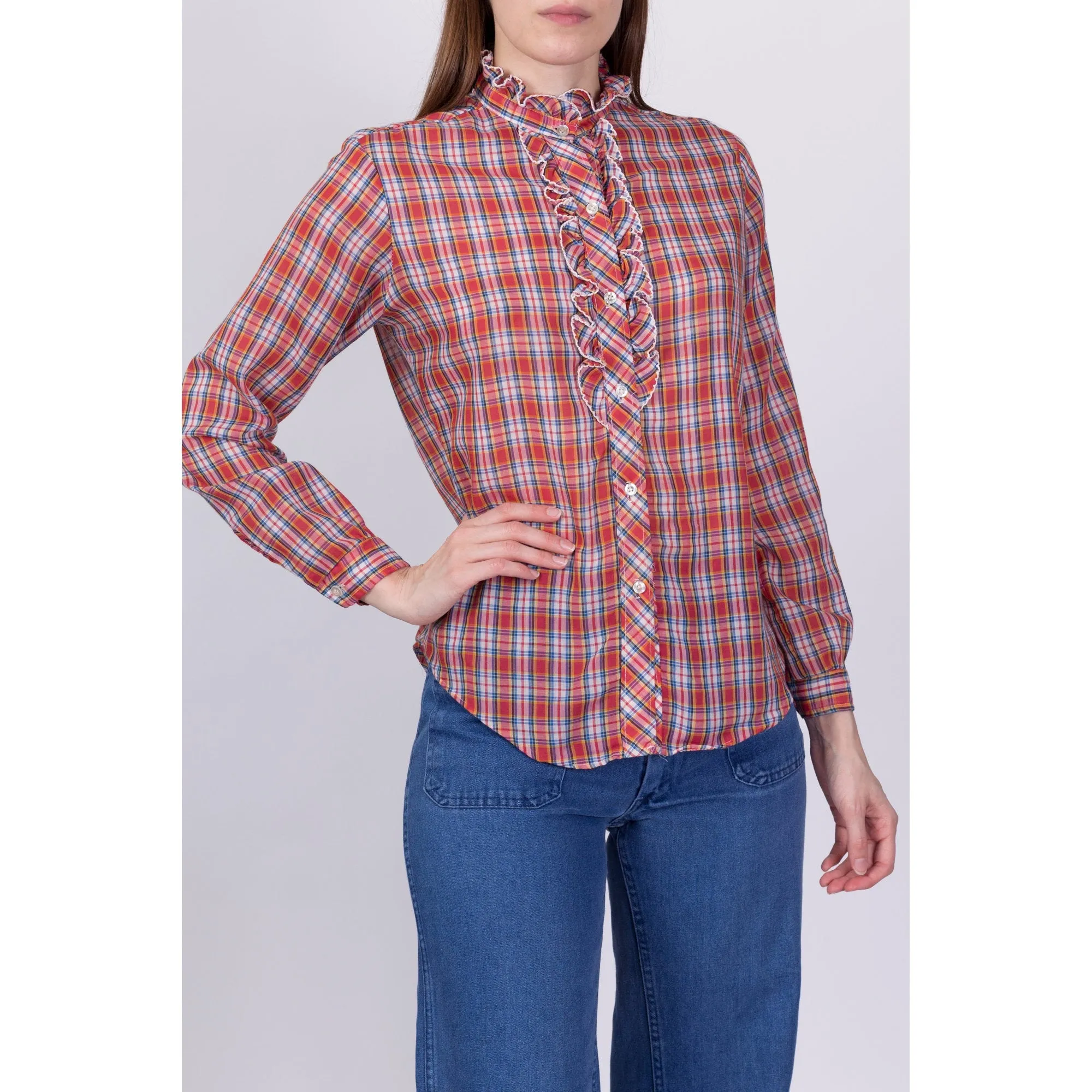 70s Red Plaid Ruffle Trim Blouse - Small