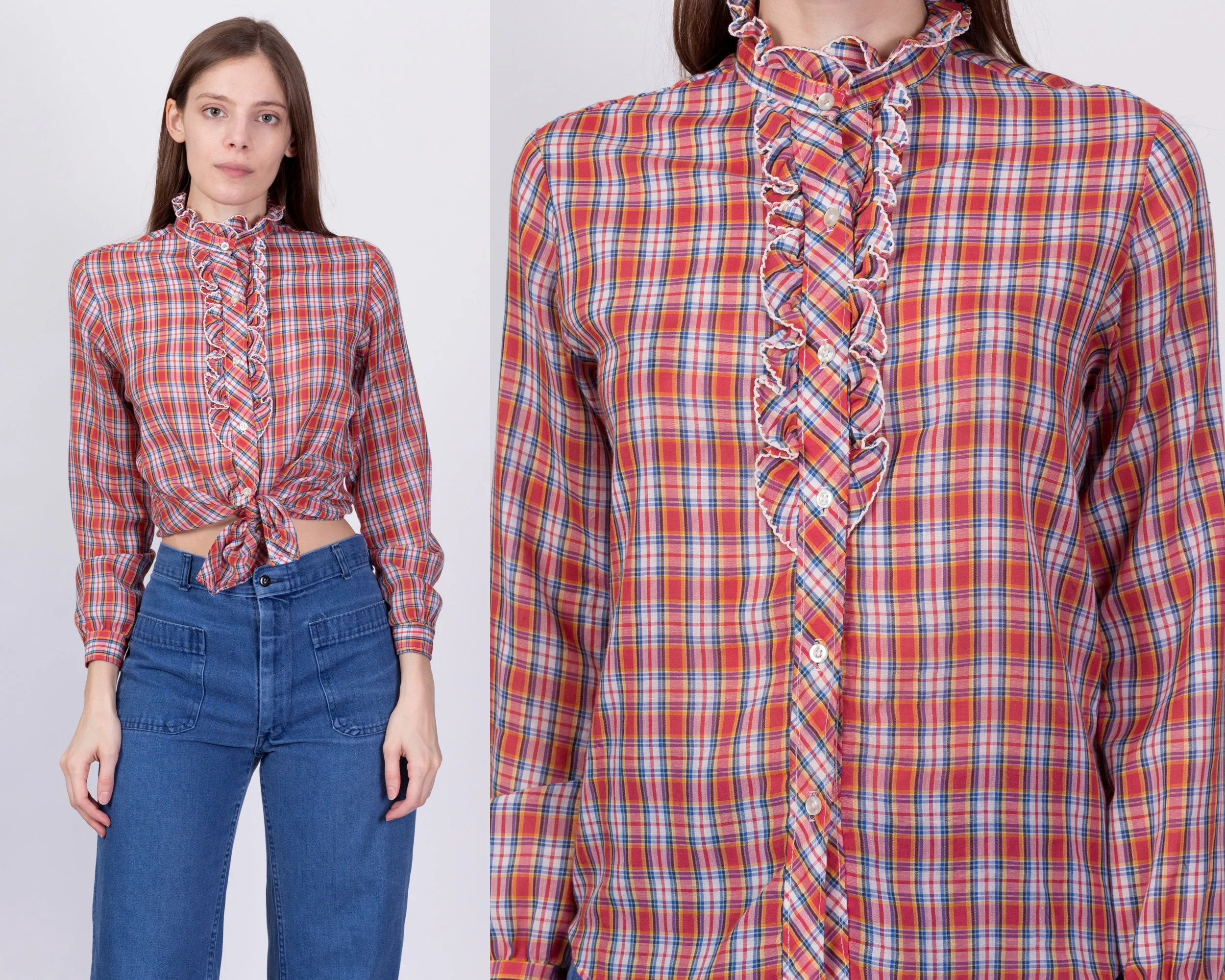 70s Red Plaid Ruffle Trim Blouse - Small