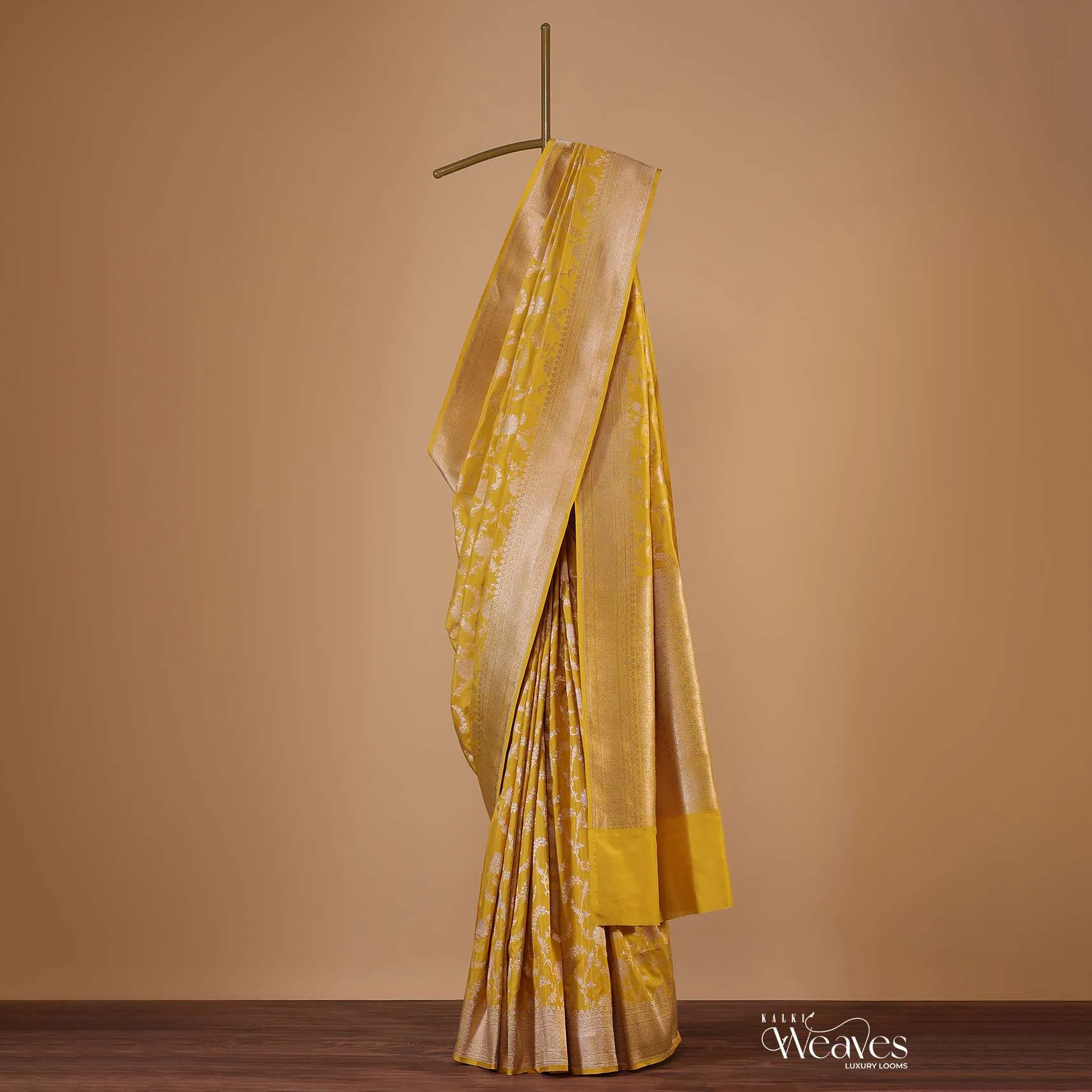 Amber Yellow Saree In Uppada Silk With Single Zari Jaal Weave And Unstitched Blouse