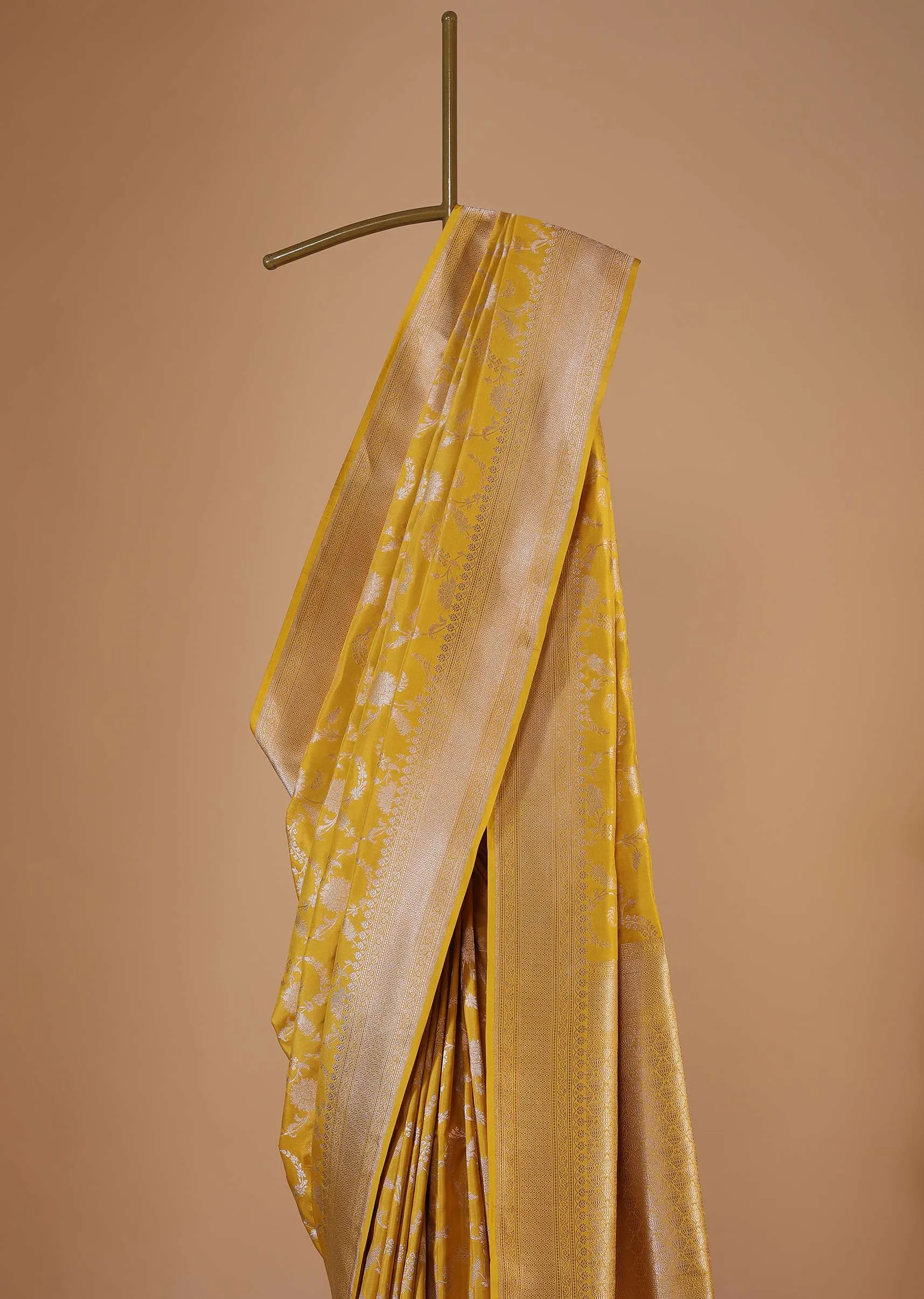 Amber Yellow Saree In Uppada Silk With Single Zari Jaal Weave And Unstitched Blouse