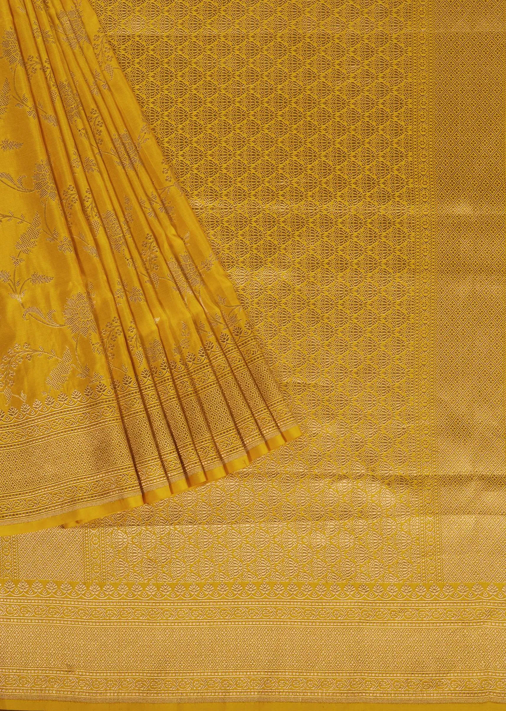 Amber Yellow Saree In Uppada Silk With Single Zari Jaal Weave And Unstitched Blouse