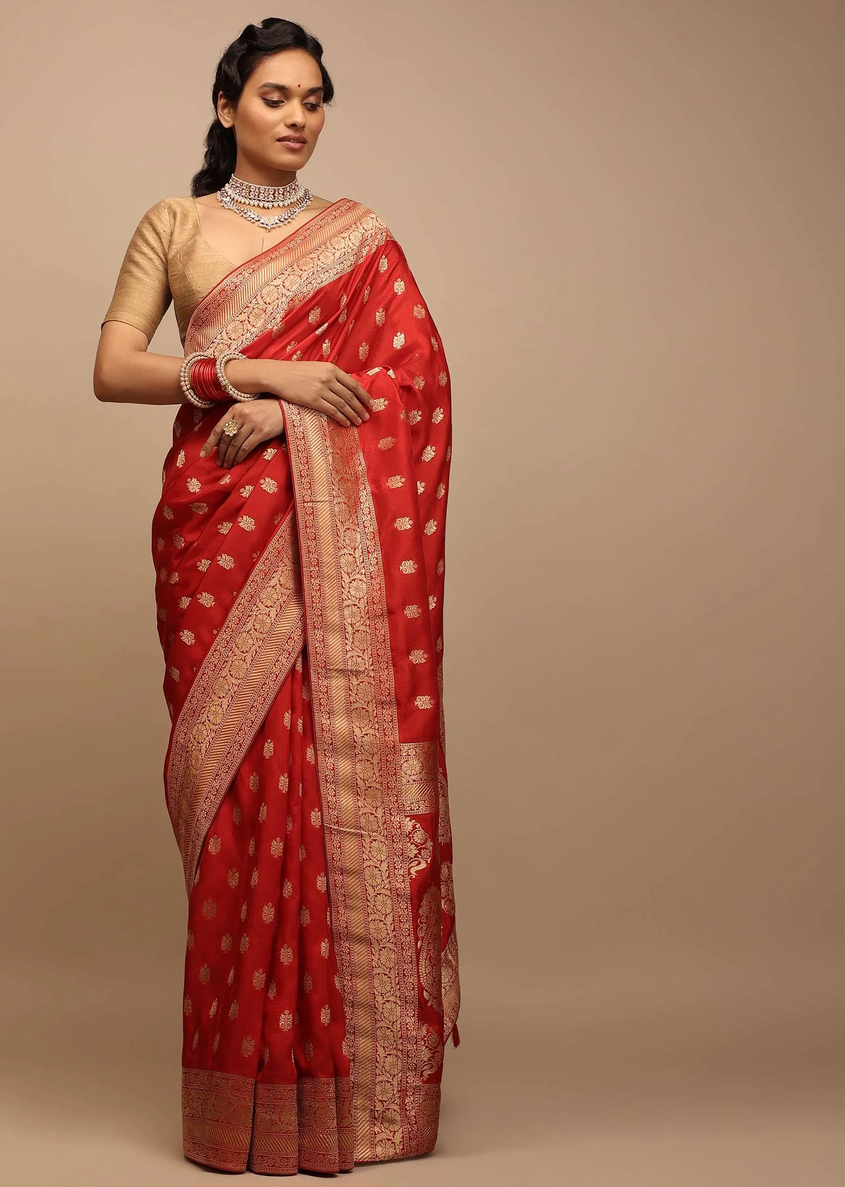 Apple Red Saree In Dola Silk With Woven Buttis And Floral Weave On The Pallu