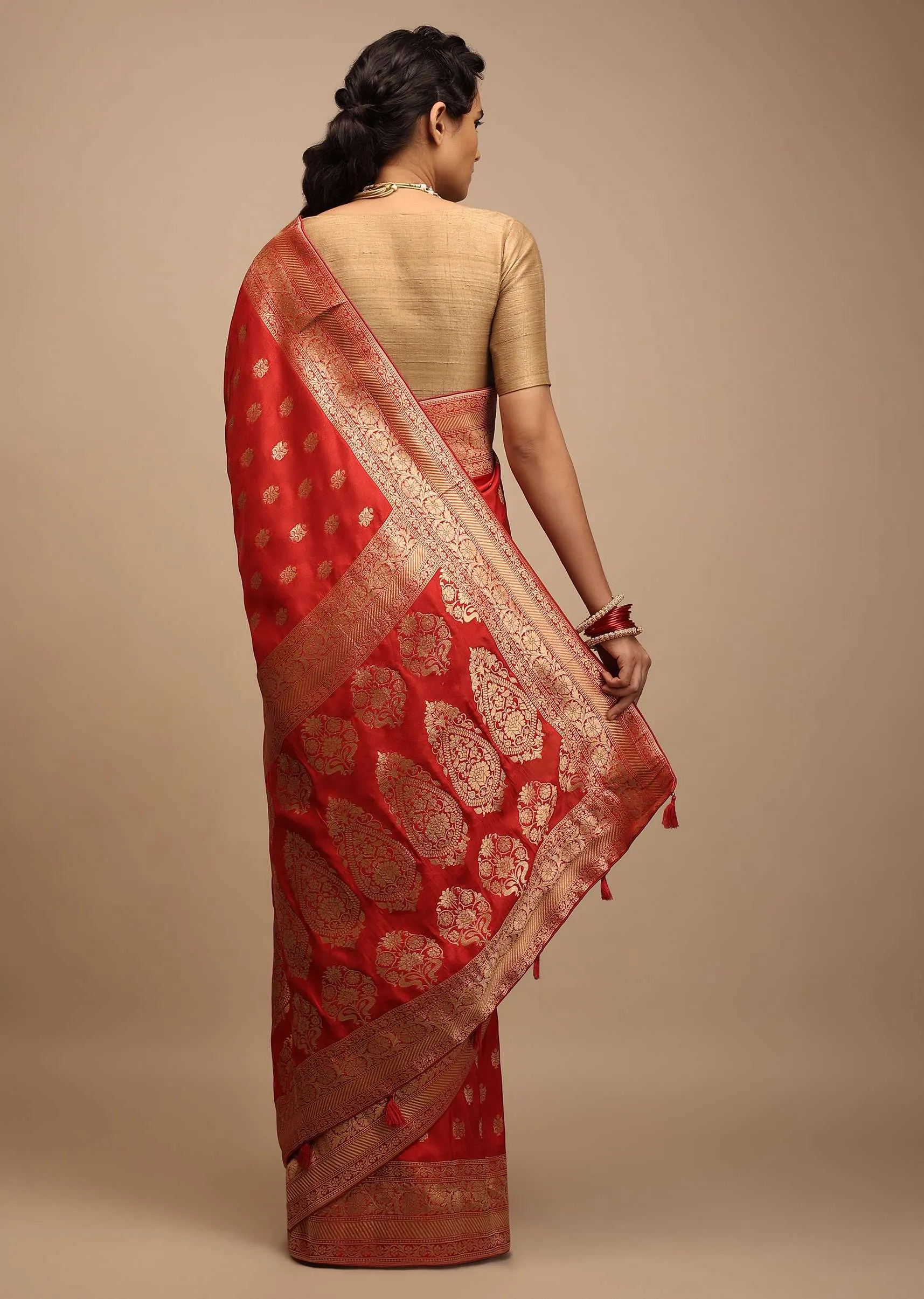 Apple Red Saree In Dola Silk With Woven Buttis And Floral Weave On The Pallu