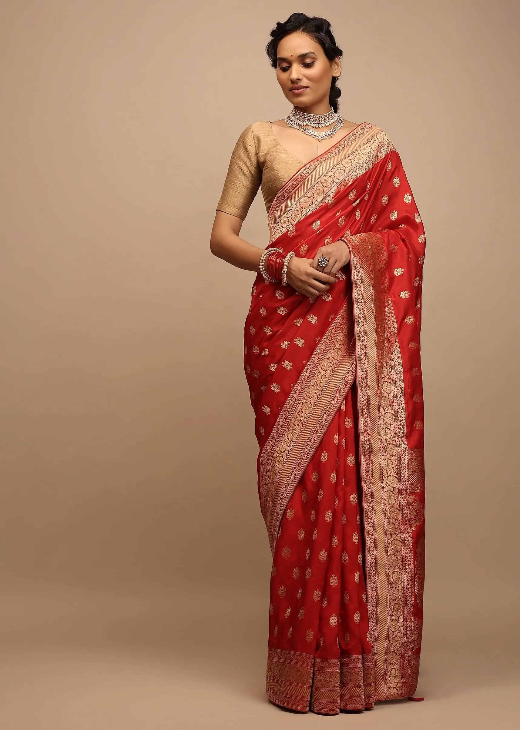 Apple Red Saree In Dola Silk With Woven Buttis And Floral Weave On The Pallu