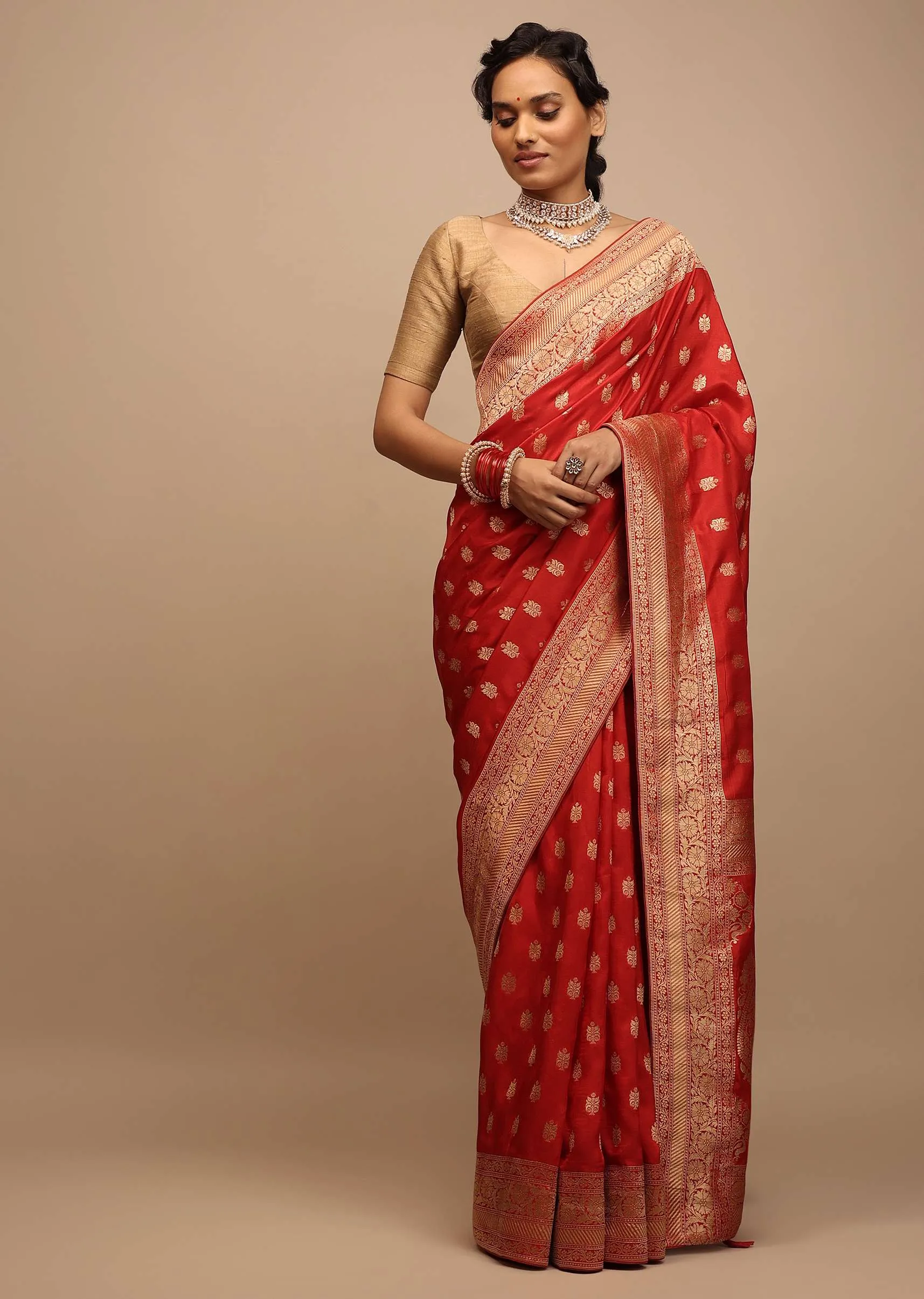 Apple Red Saree In Dola Silk With Woven Buttis And Floral Weave On The Pallu