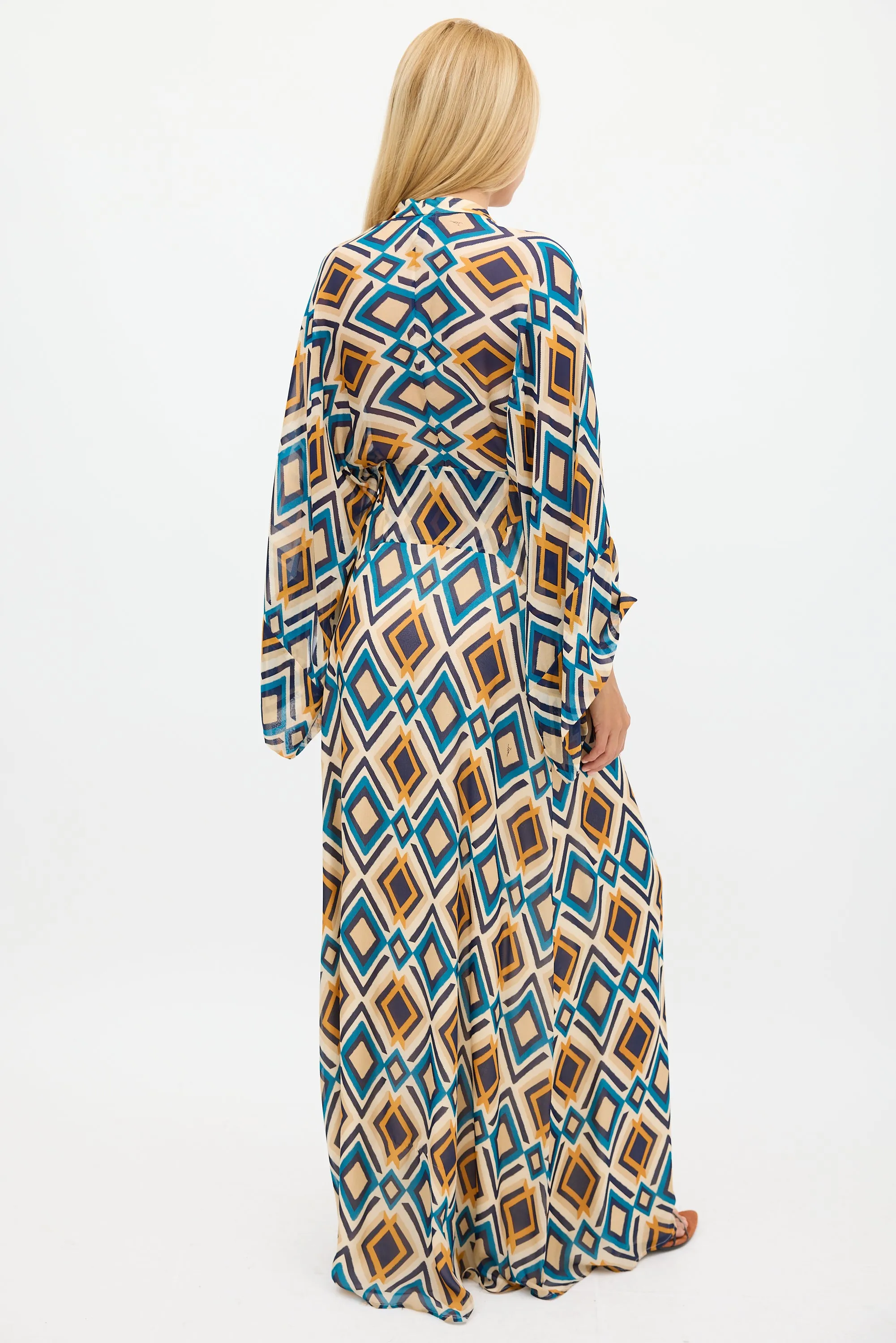 Beige & Multicolour Silk Printed V-Neck Dress