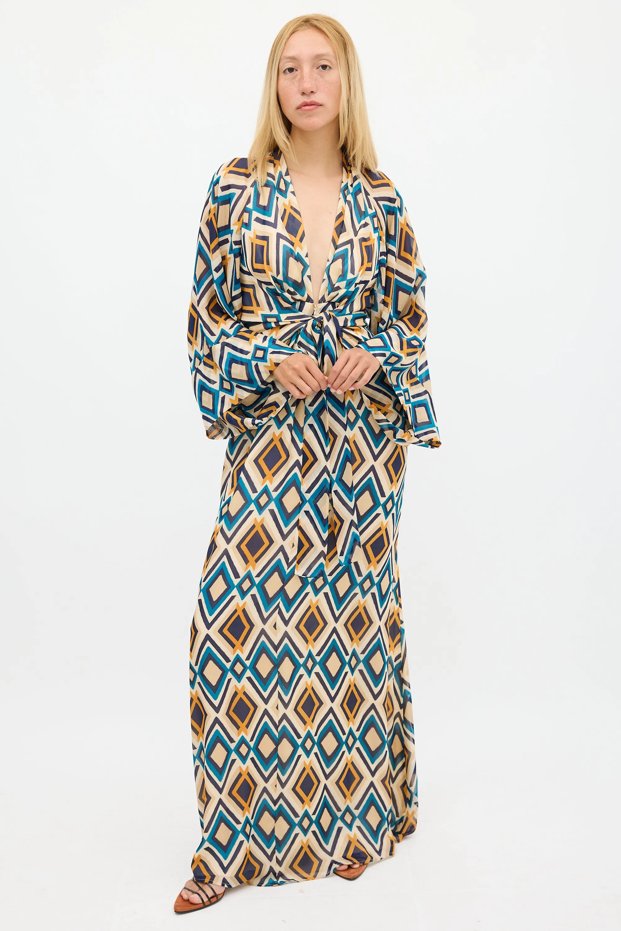 Beige & Multicolour Silk Printed V-Neck Dress