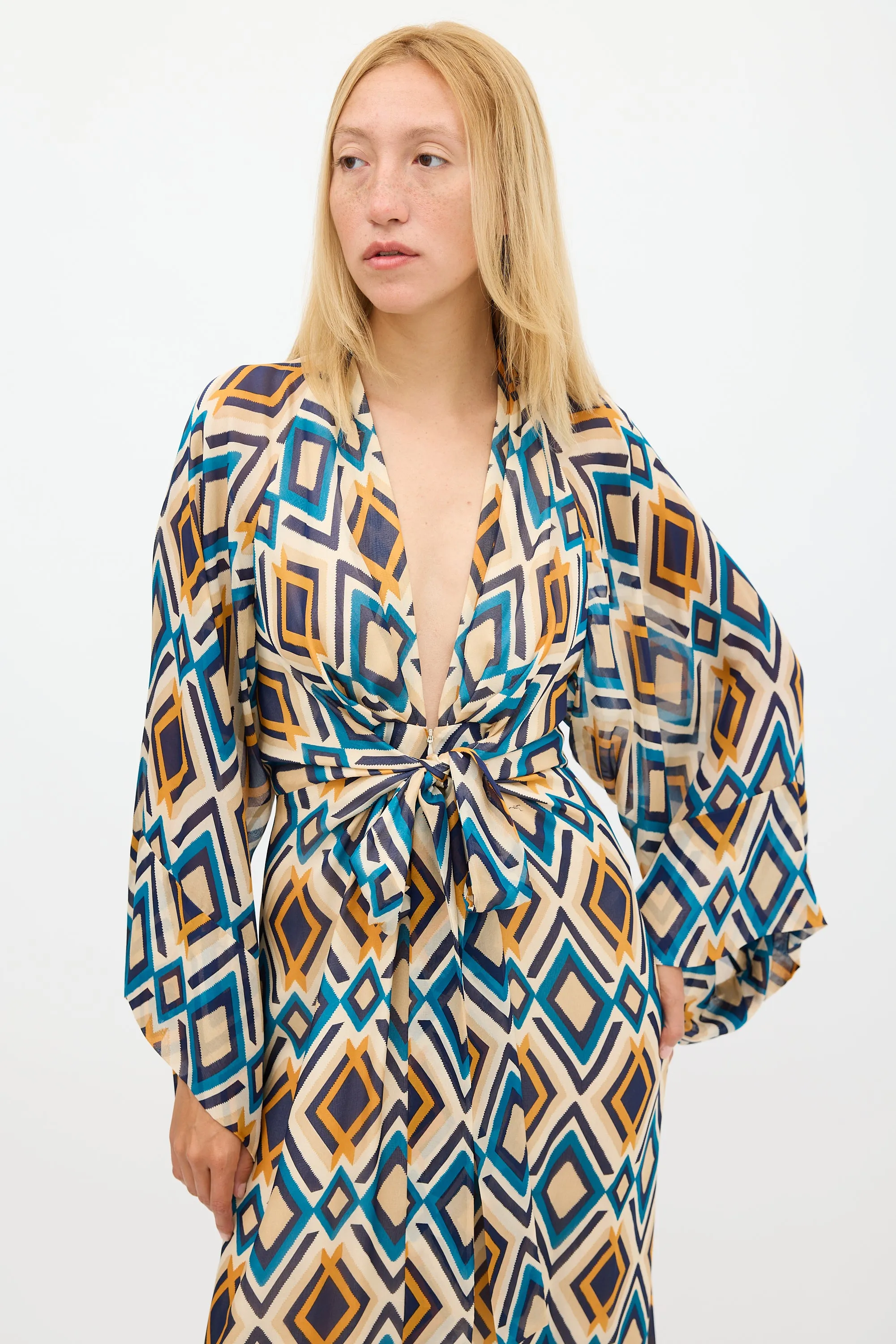 Beige & Multicolour Silk Printed V-Neck Dress