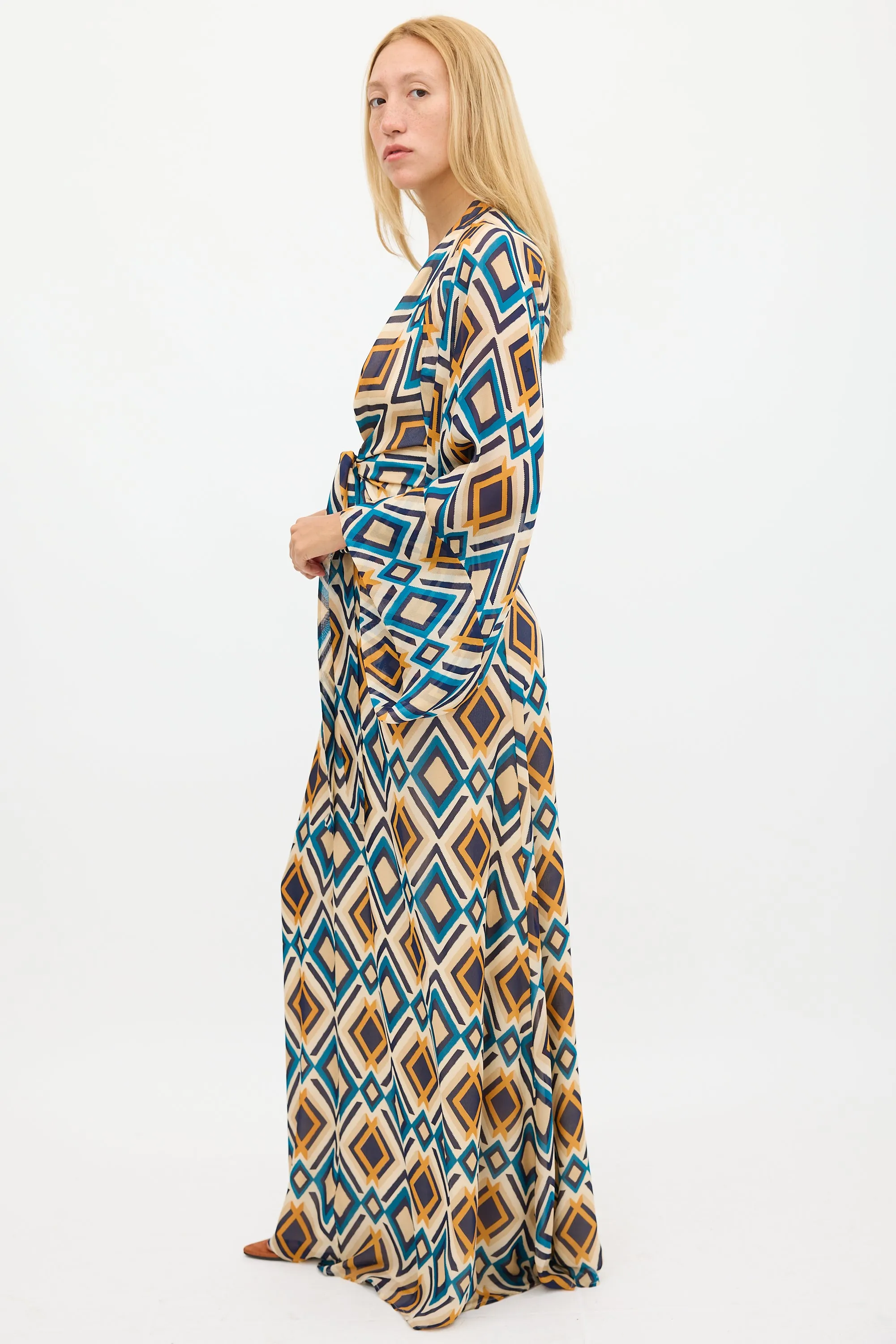 Beige & Multicolour Silk Printed V-Neck Dress