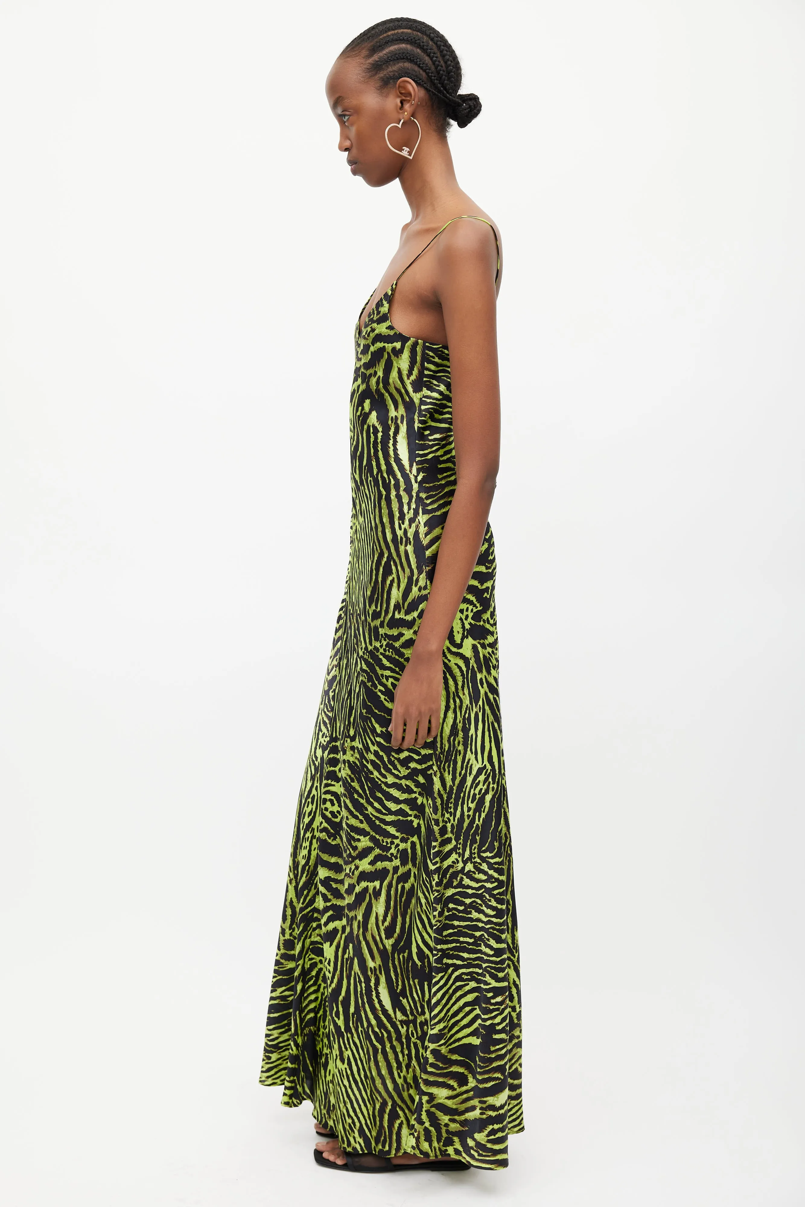 Black & Green Silk Print V-Neck Dress