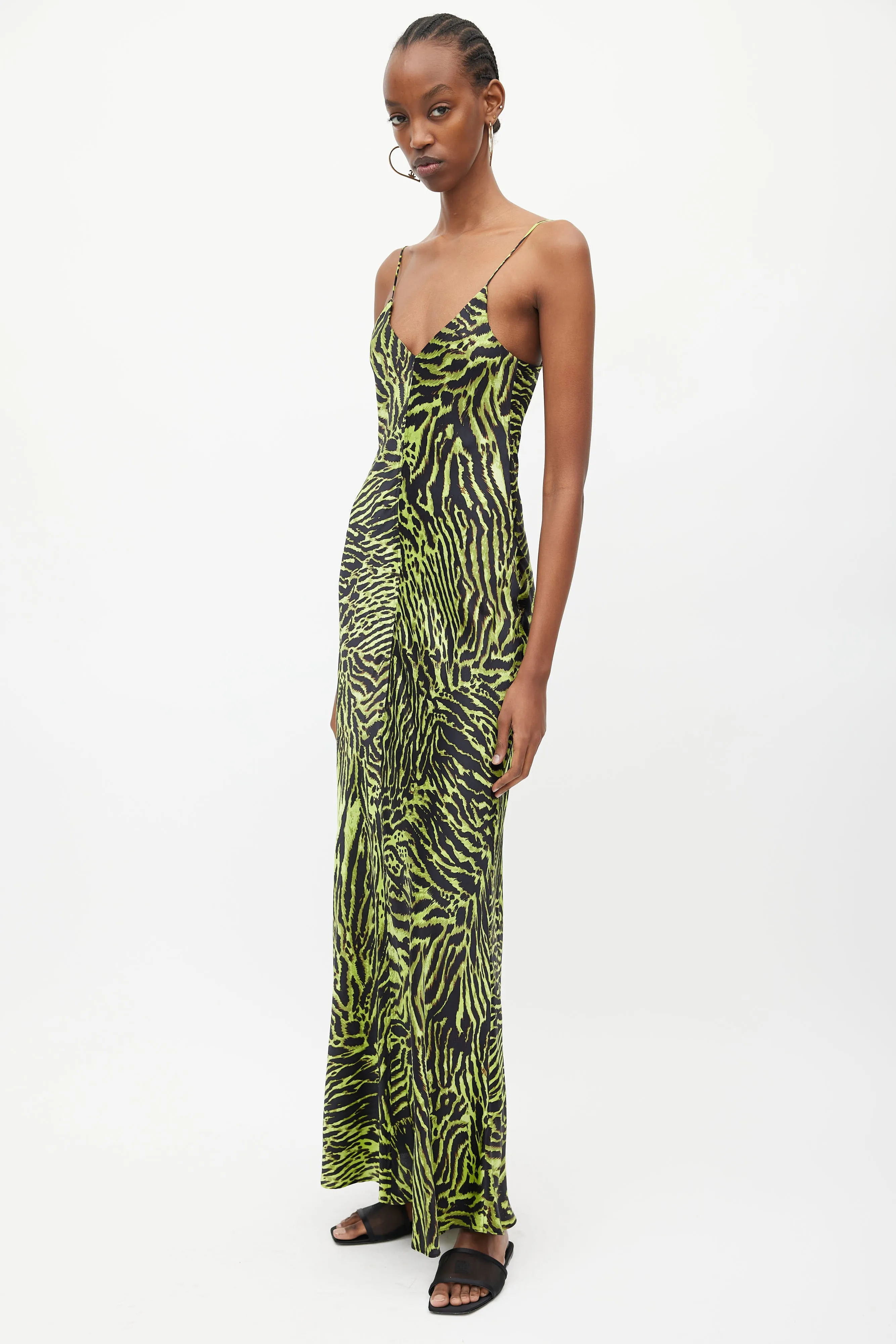 Black & Green Silk Print V-Neck Dress
