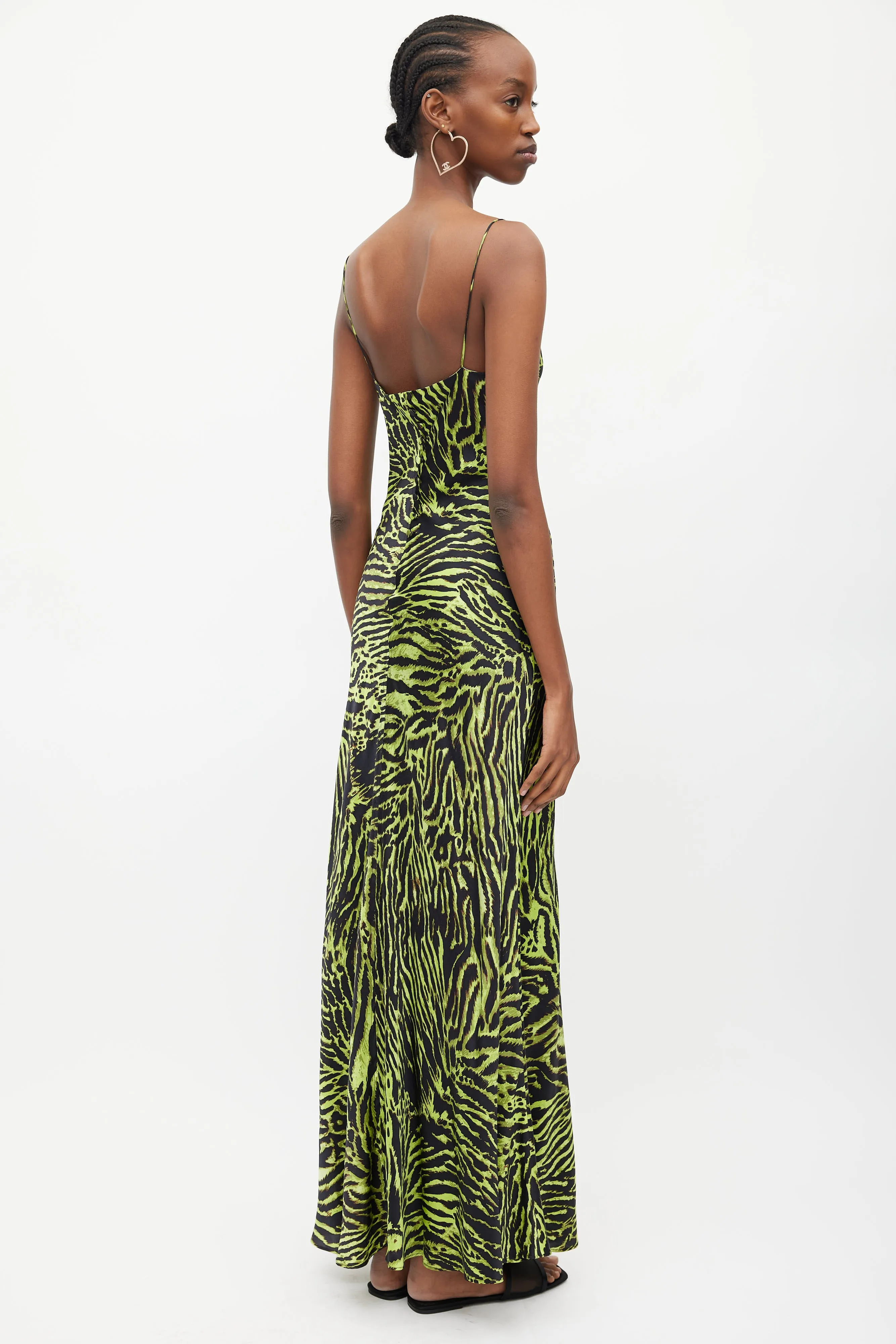 Black & Green Silk Print V-Neck Dress