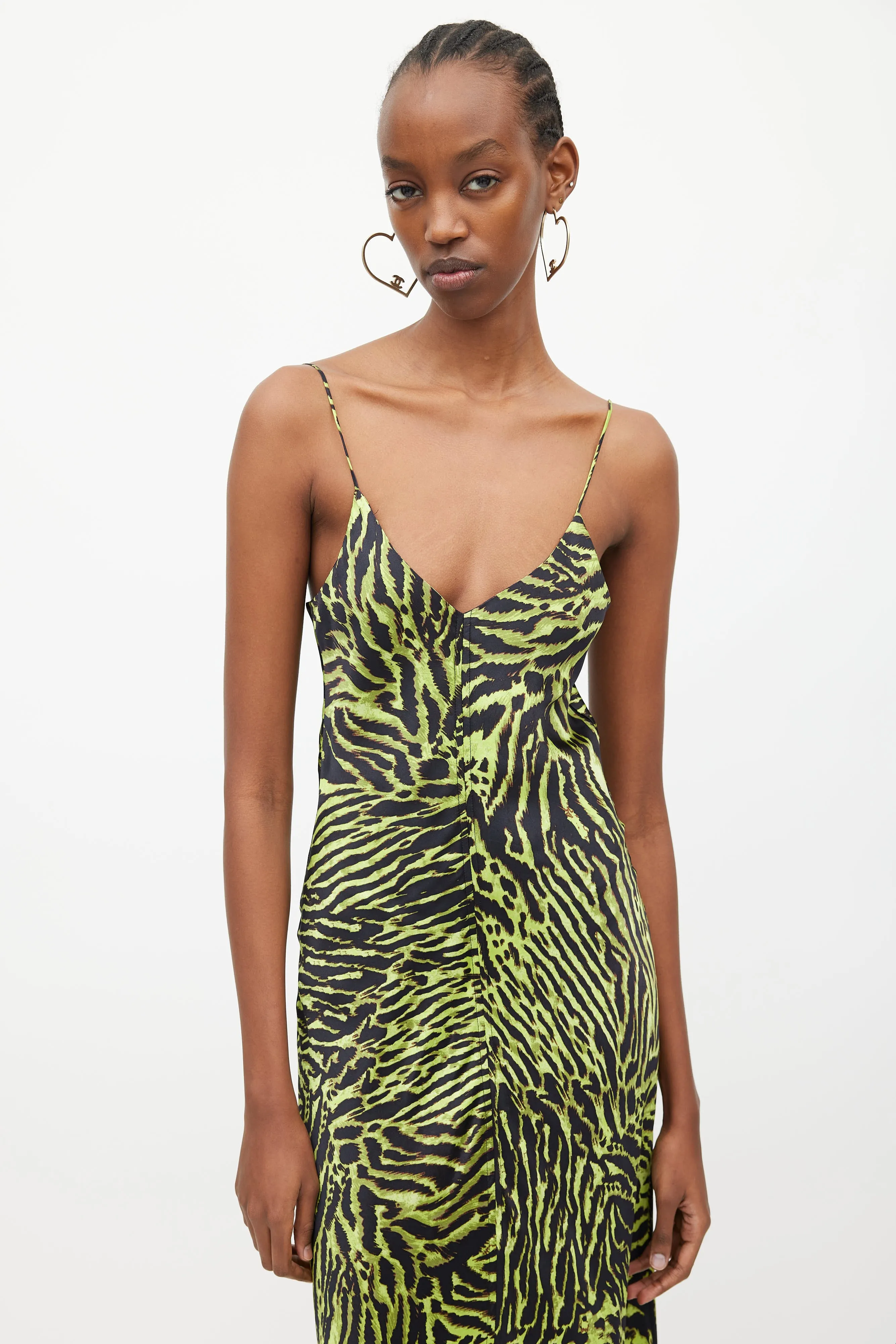 Black & Green Silk Print V-Neck Dress