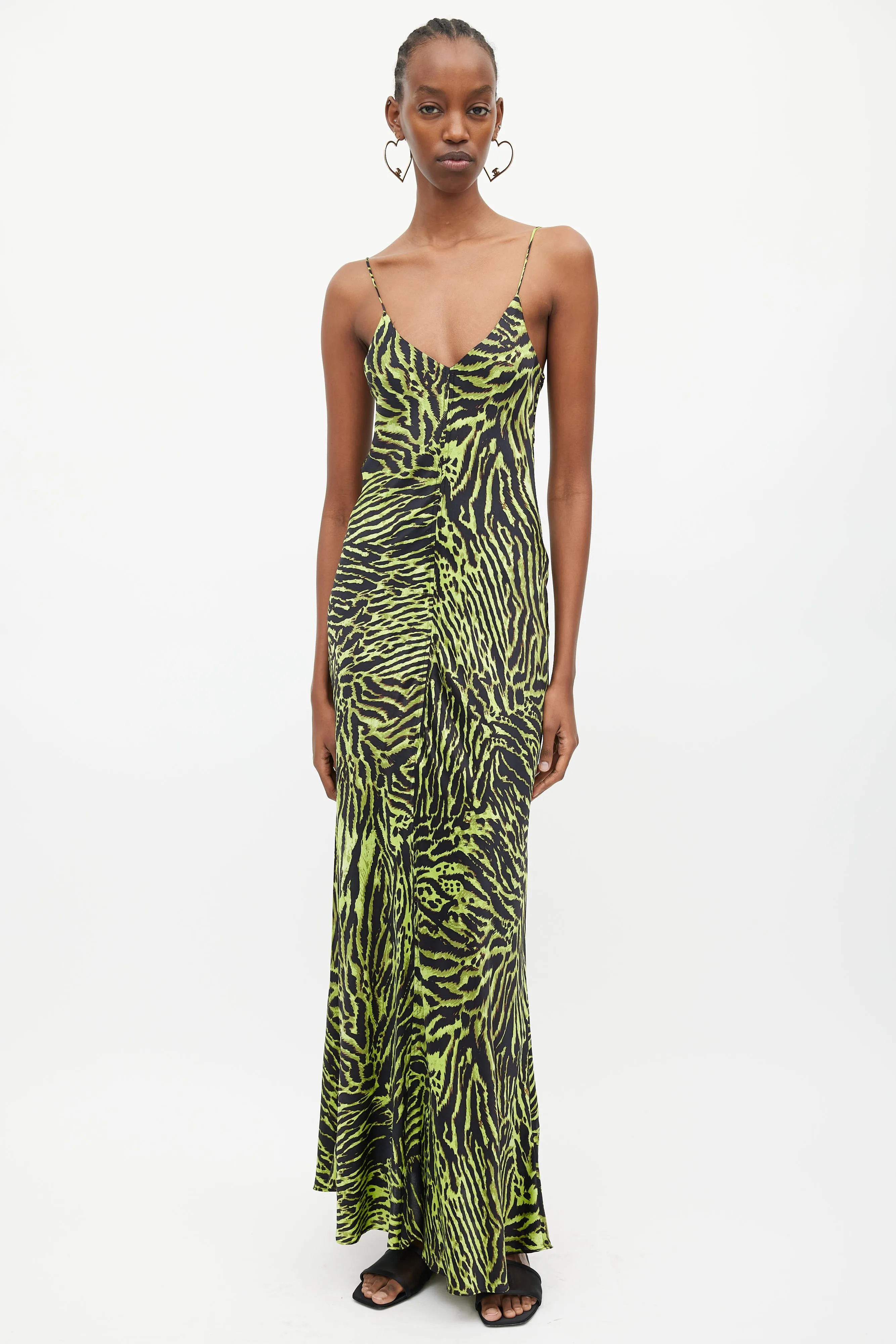 Black & Green Silk Print V-Neck Dress