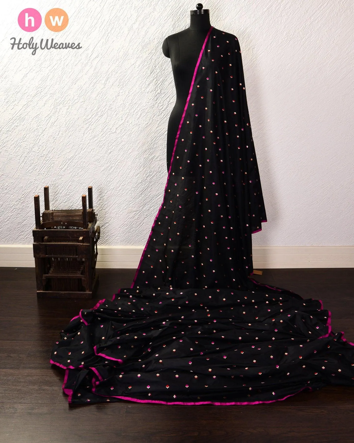 Black Banarasi Alfi Maheen Buti Kadhuan Brocade Handwoven Katan Silk Fabric