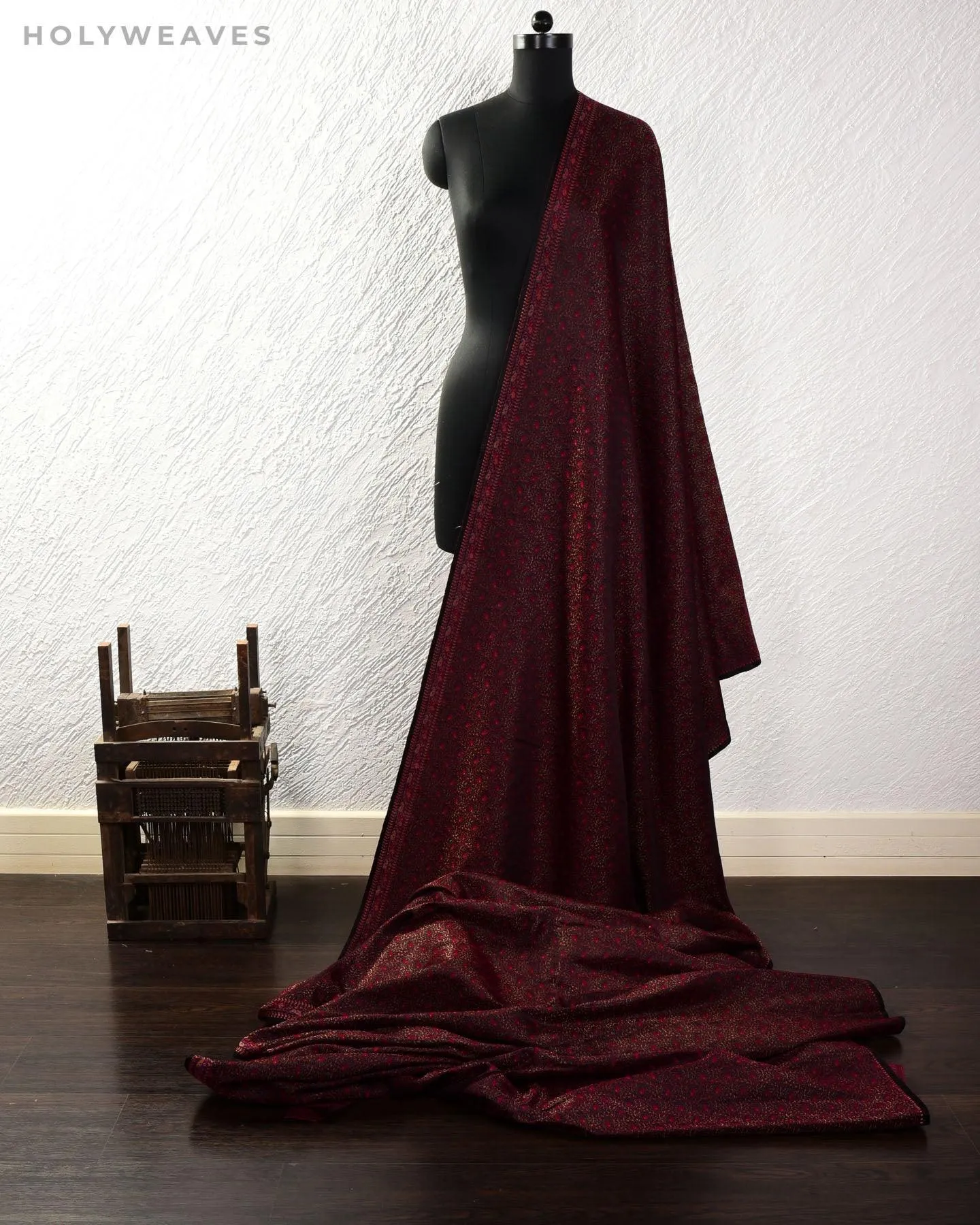 Black Banarasi Tehra Jamawar Handwoven Silk-wool Fabric with Zari Accents