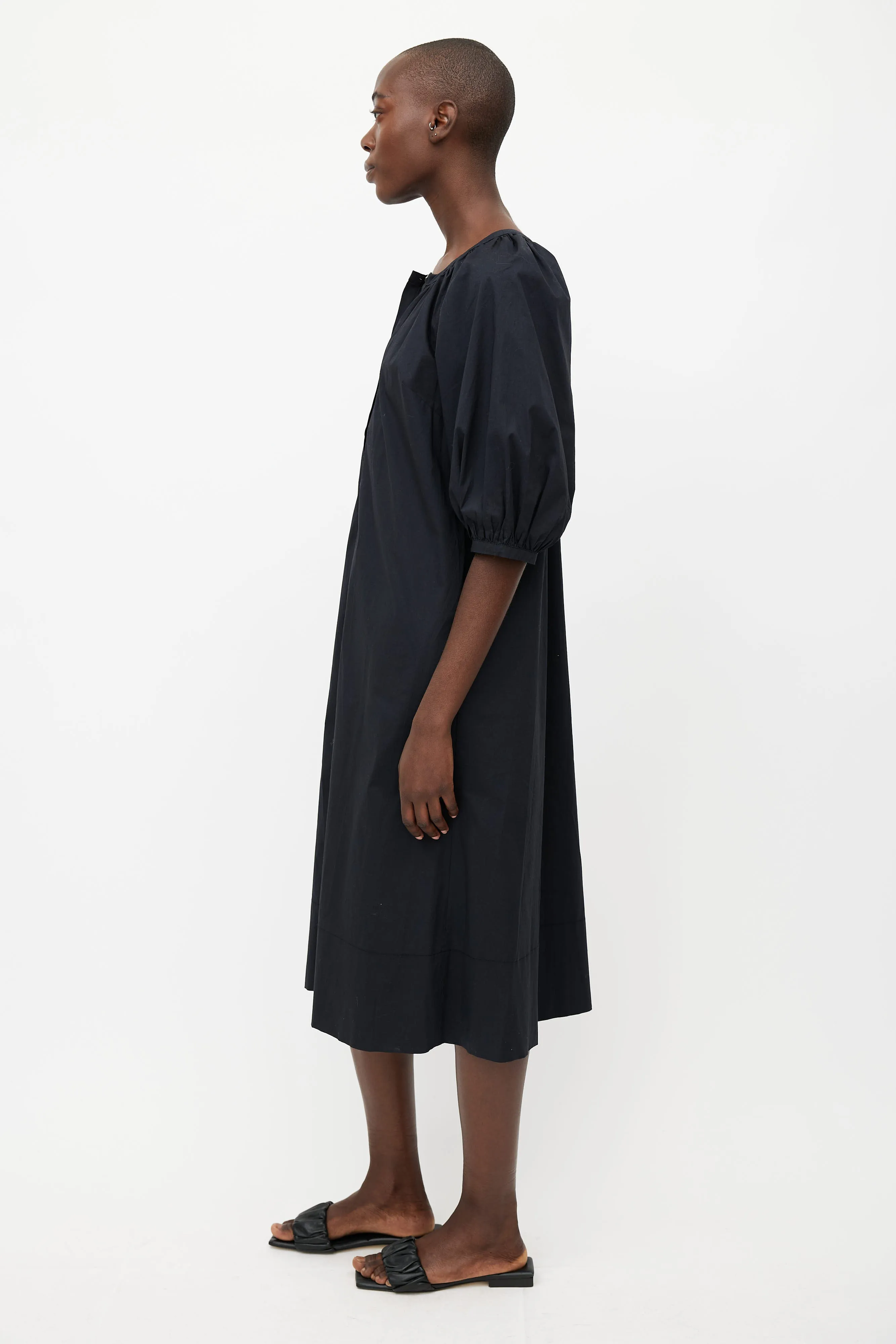 Black Gathered Button Up Dress