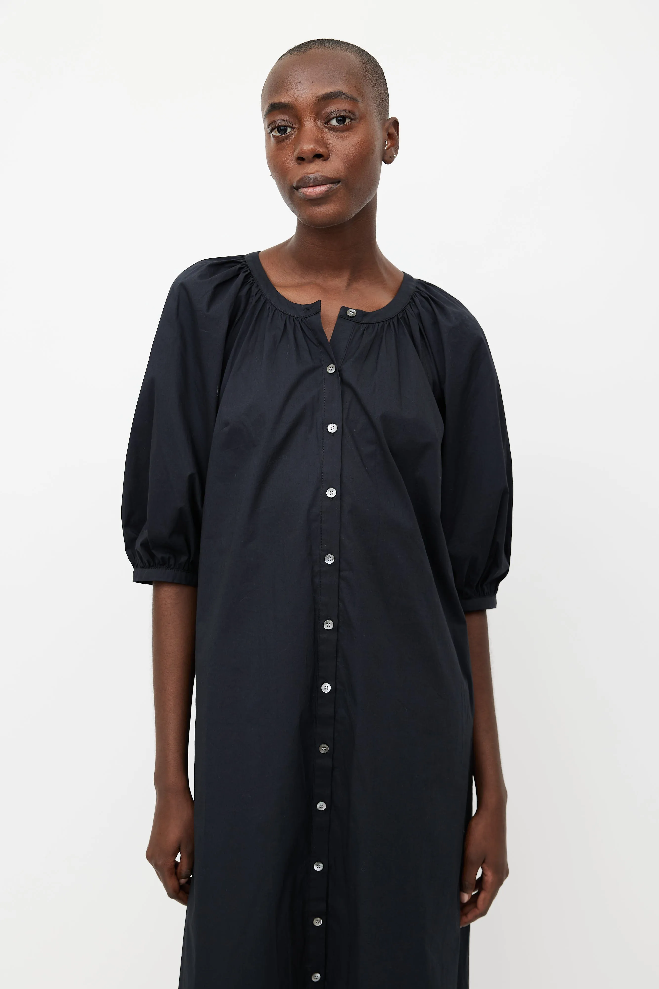 Black Gathered Button Up Dress
