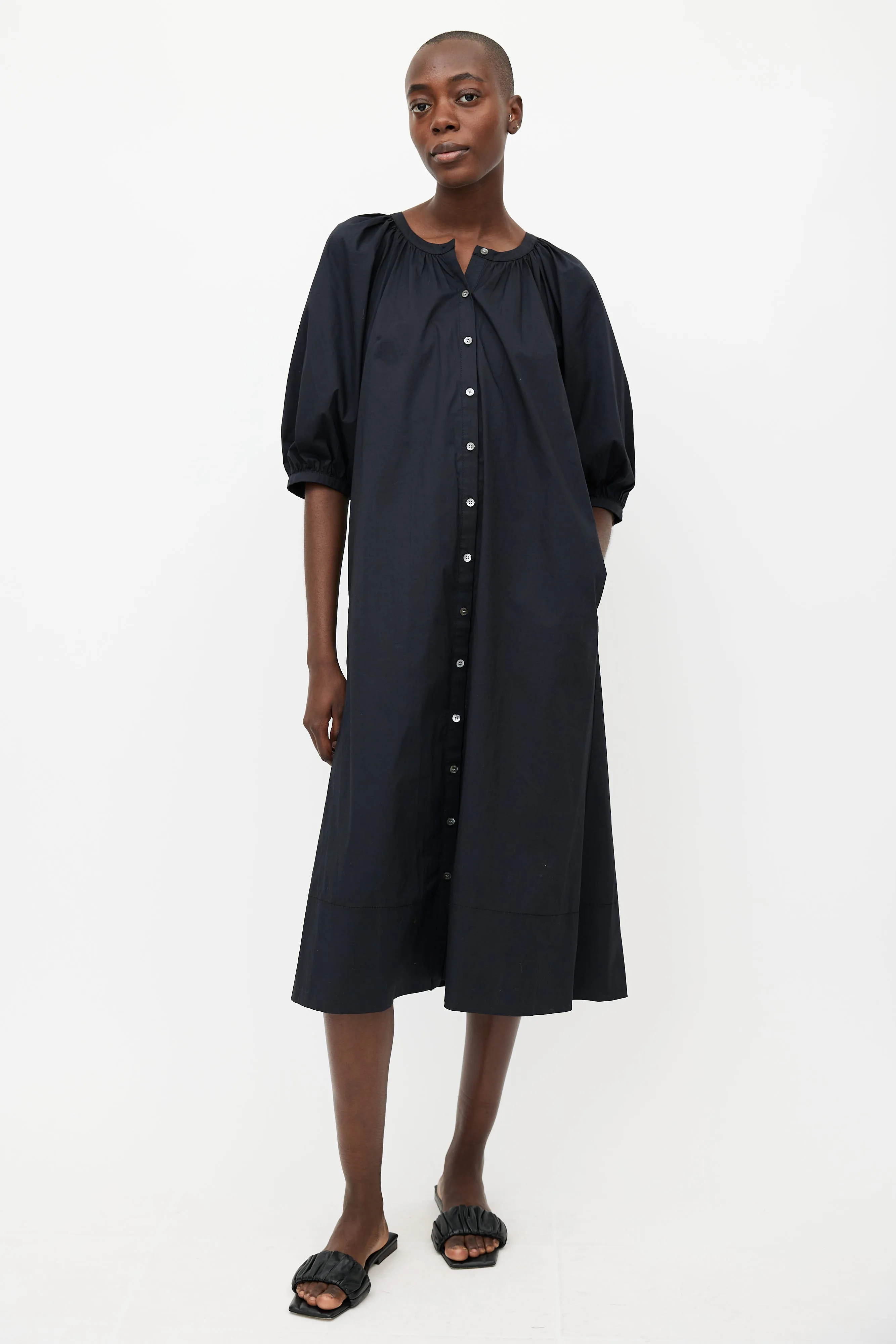 Black Gathered Button Up Dress