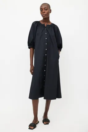 Black Gathered Button Up Dress