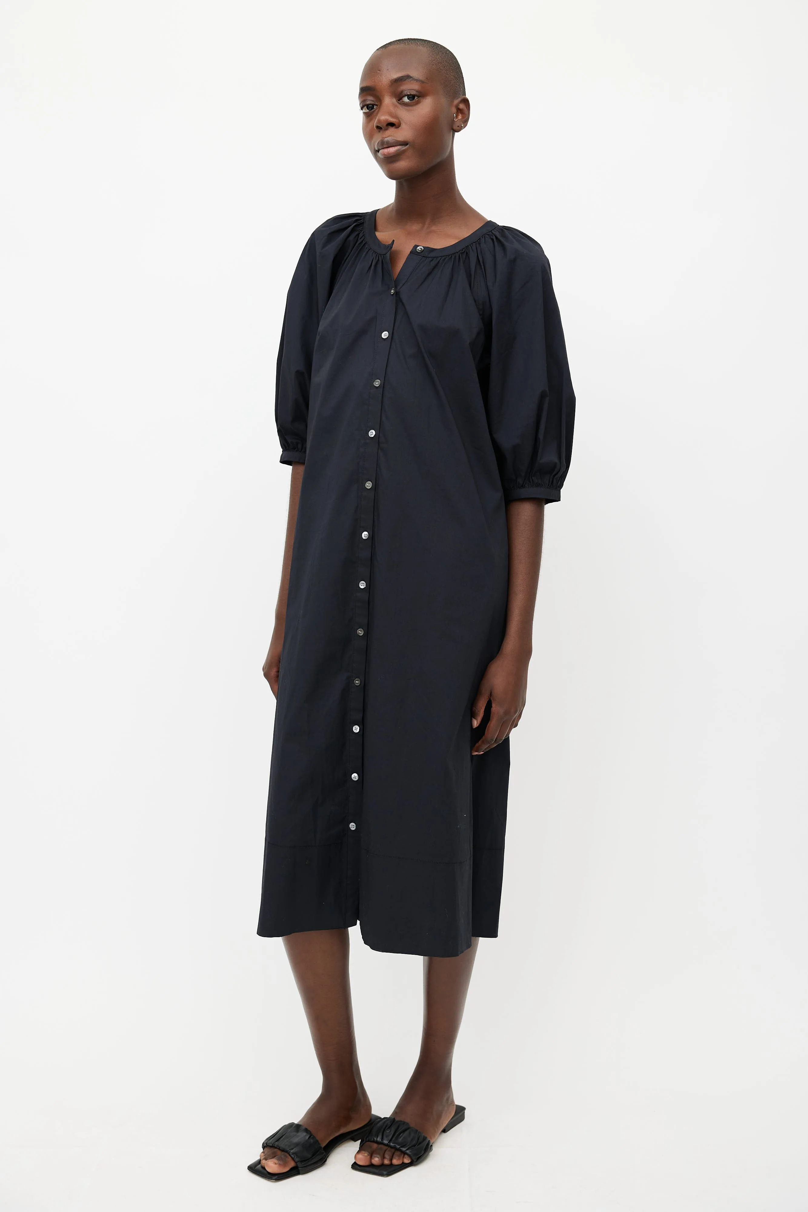 Black Gathered Button Up Dress