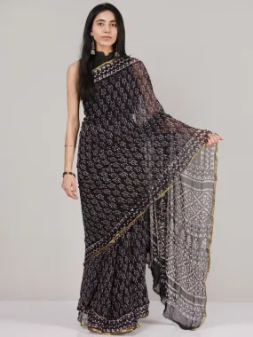 Black OffWhite Hand Block Printed Chiffon Saree With Zari Border - S031704685
