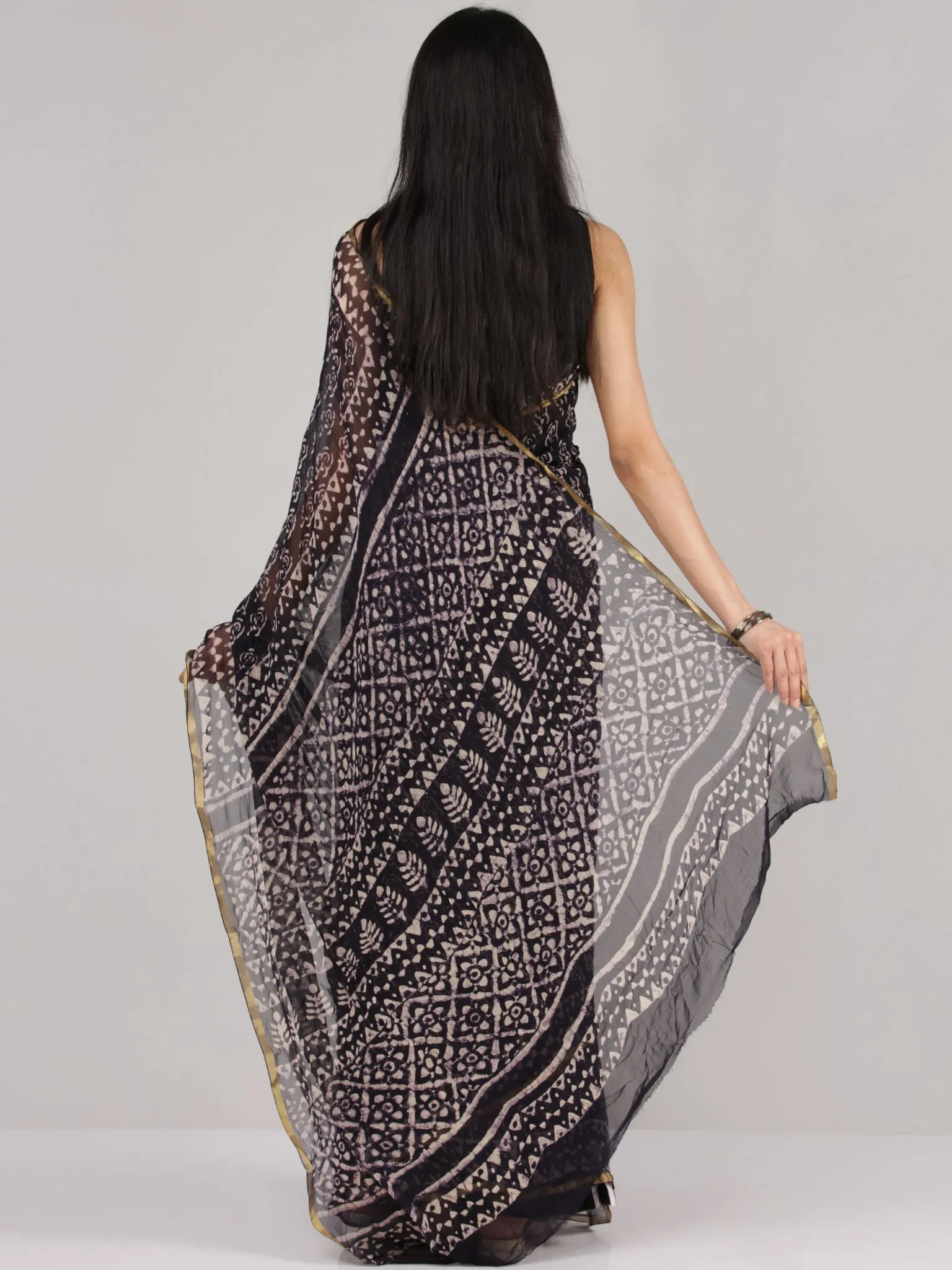Black OffWhite Hand Block Printed Chiffon Saree With Zari Border - S031704685