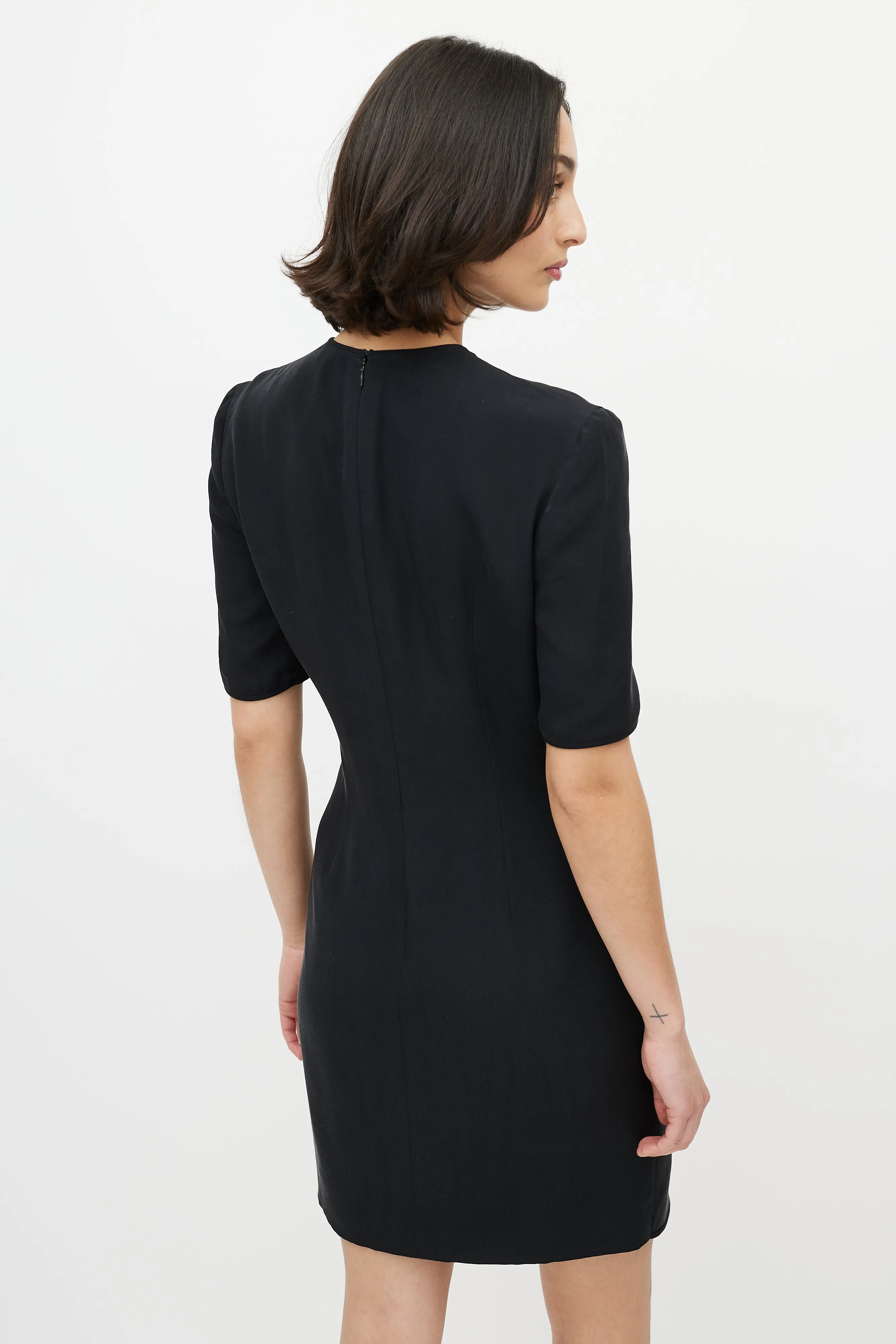 Black Silk Gathered V-Neck Dress