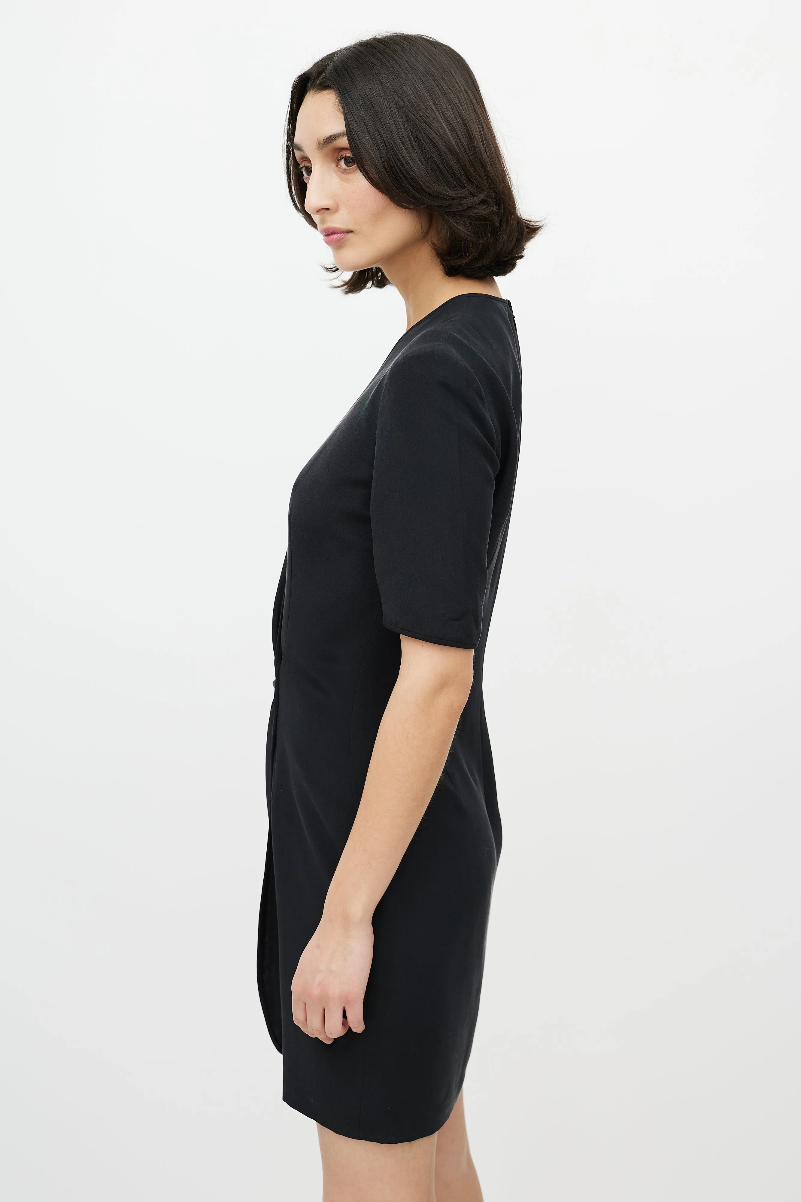 Black Silk Gathered V-Neck Dress