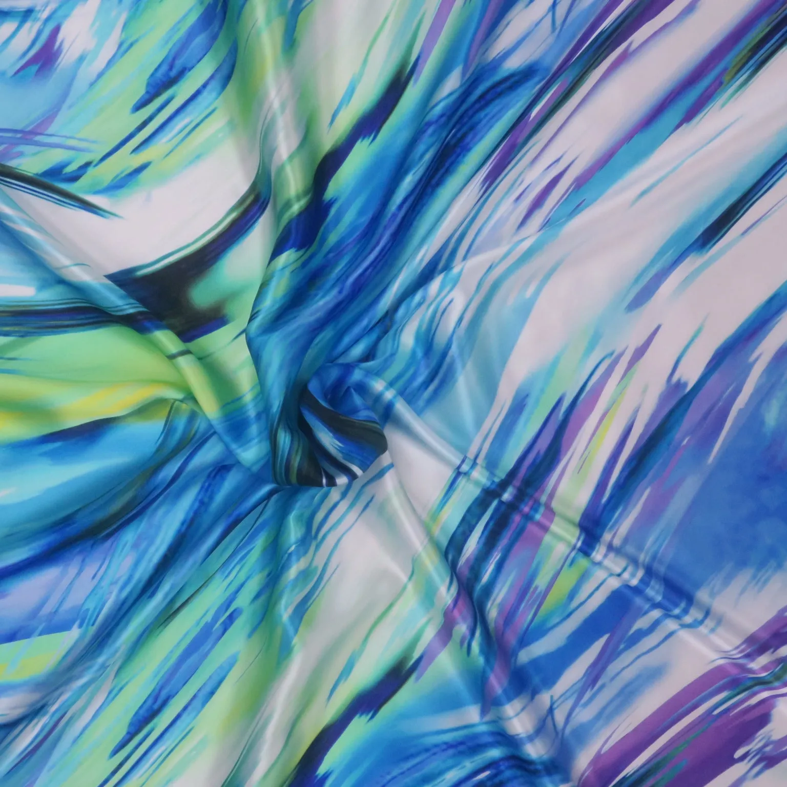 Blue and Green Waves Printed Silk Charmeuse Fabric