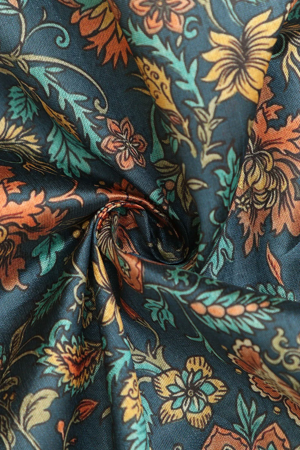 Blue Kalamkari Tussar Silk Fabric  - Digital Print (1 Mtr)
