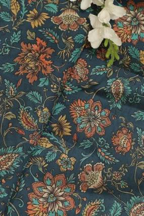 Blue Kalamkari Tussar Silk Fabric  - Digital Print (1 Mtr)