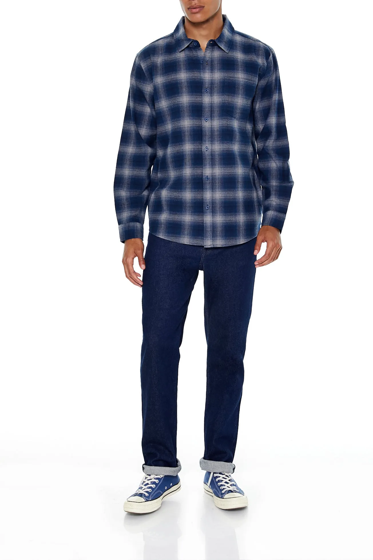 Blue Plaid Flannel Button-Up Top