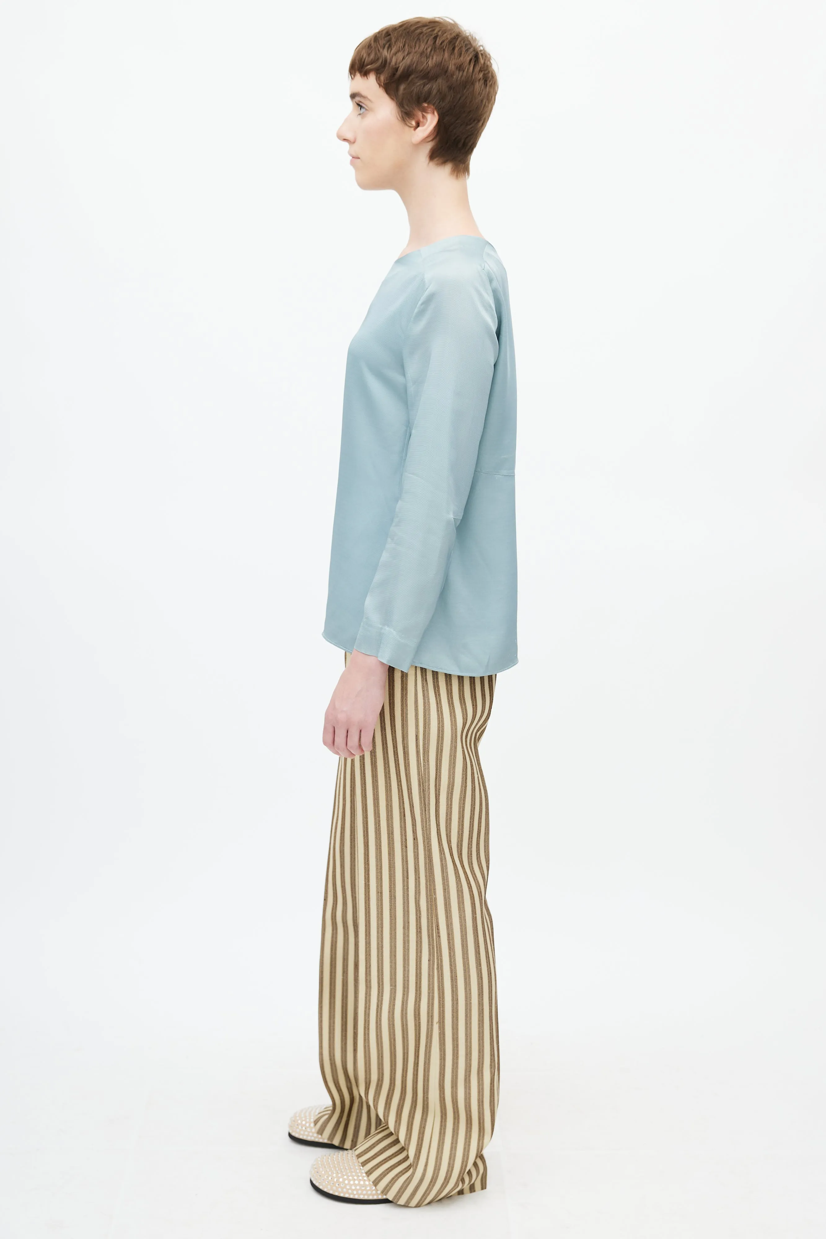 Blue Satin Long Sleeve Blouse