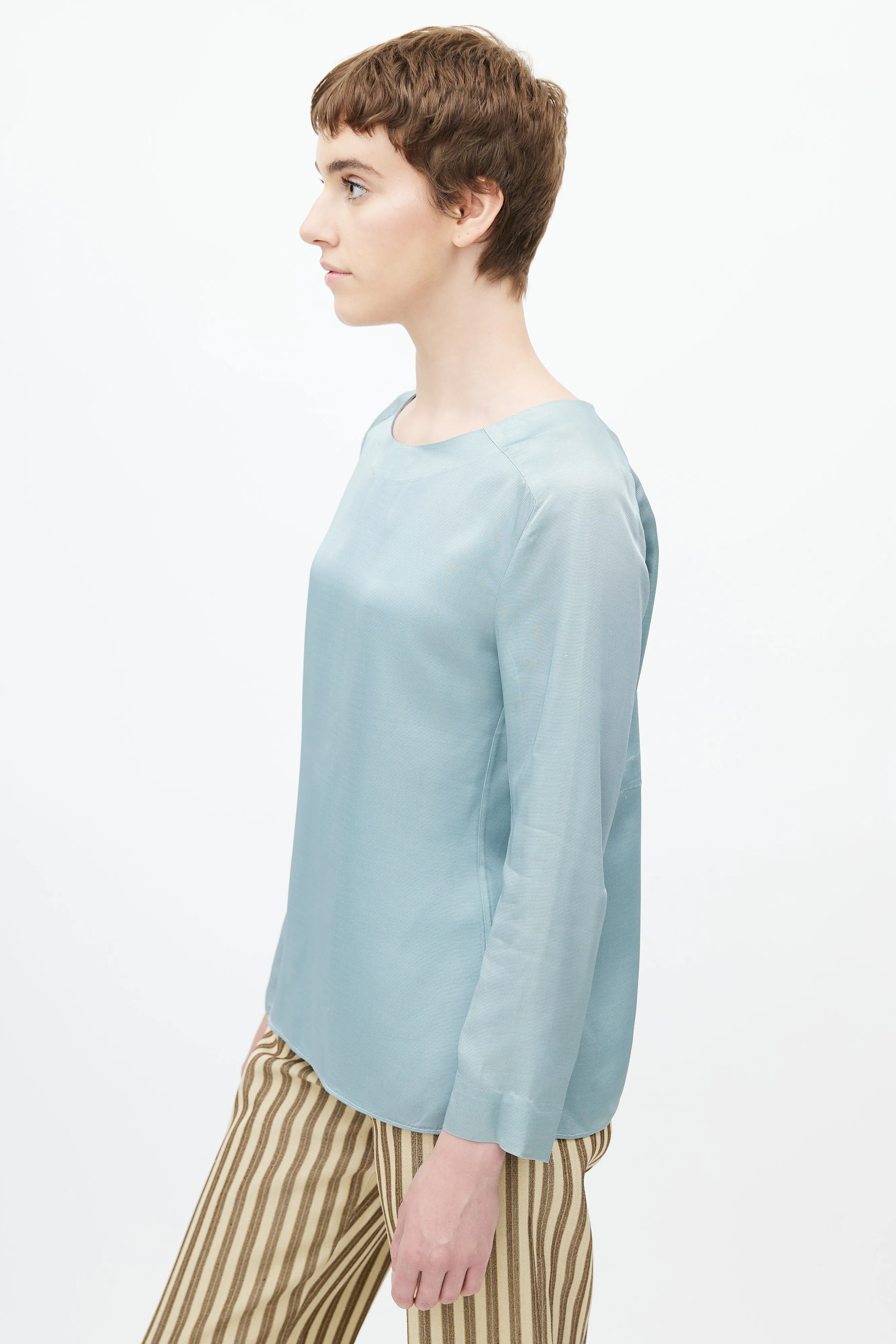 Blue Satin Long Sleeve Blouse
