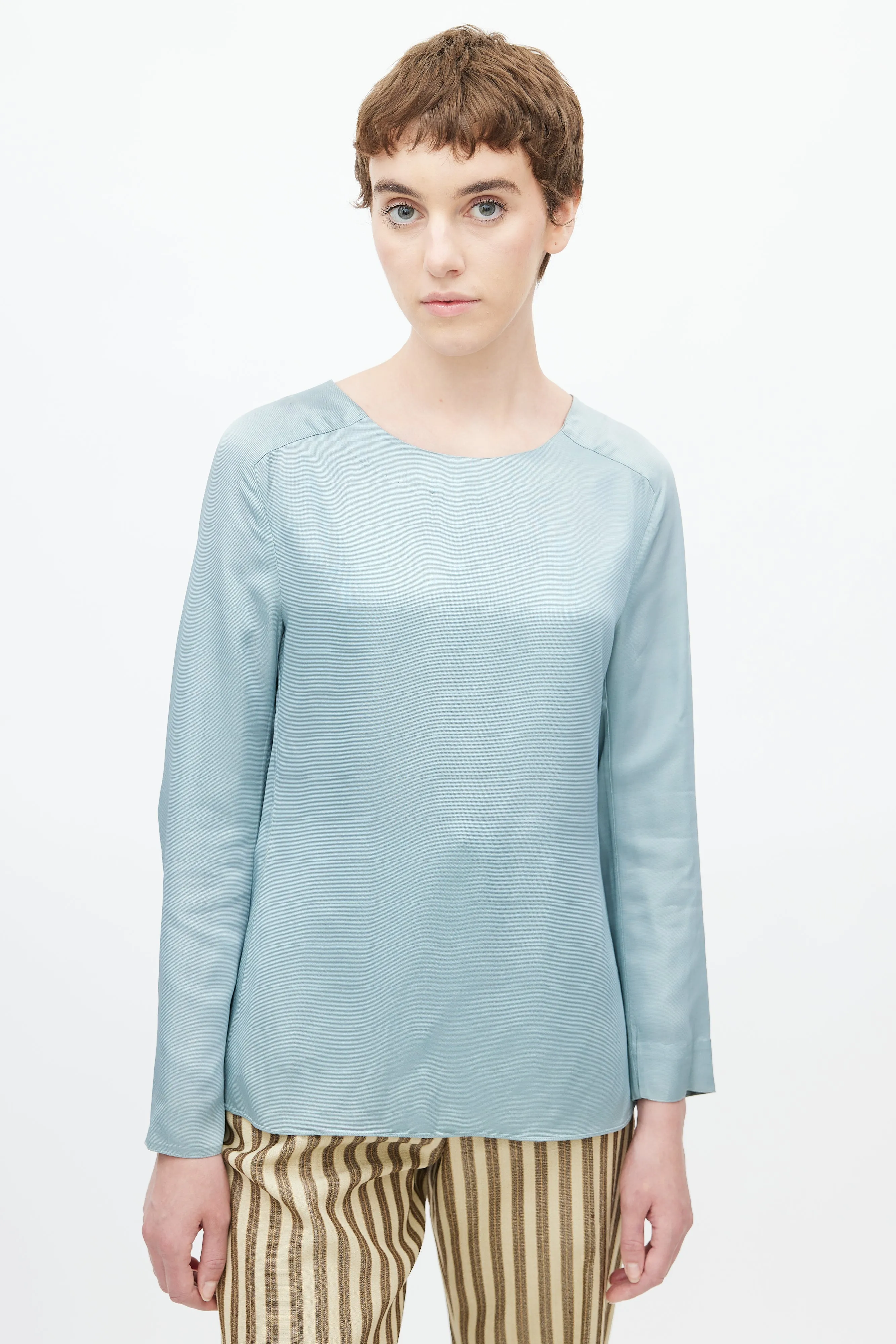 Blue Satin Long Sleeve Blouse