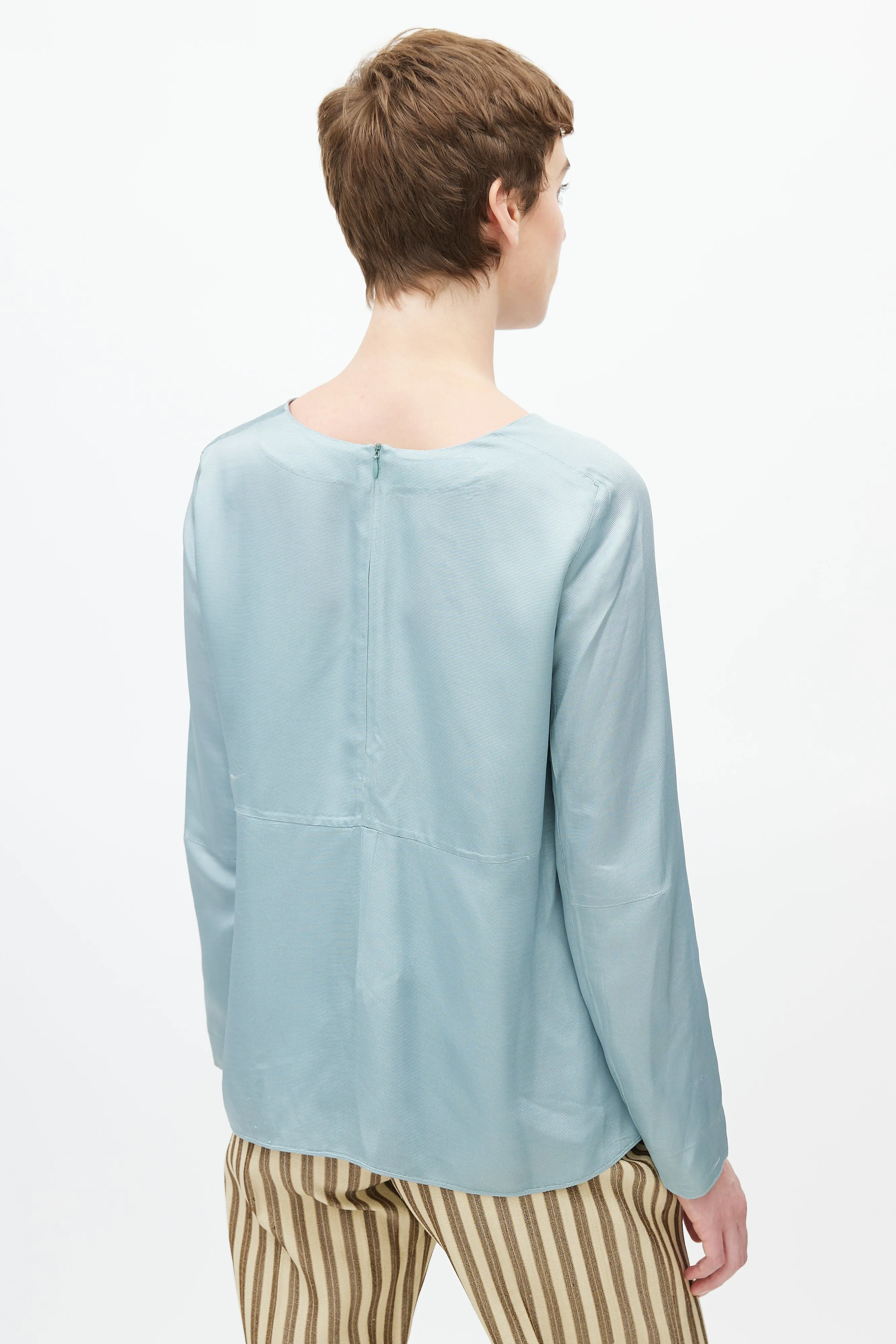 Blue Satin Long Sleeve Blouse