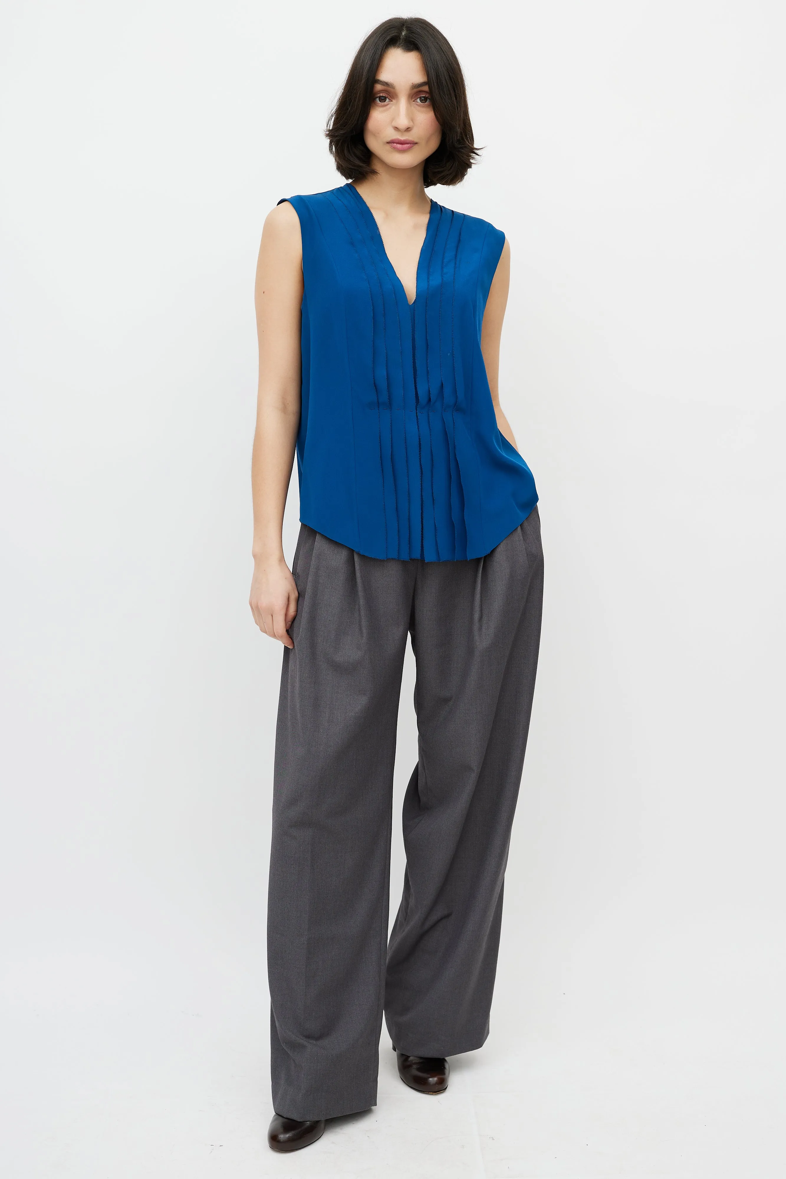 Blue V-neck Pleated Top